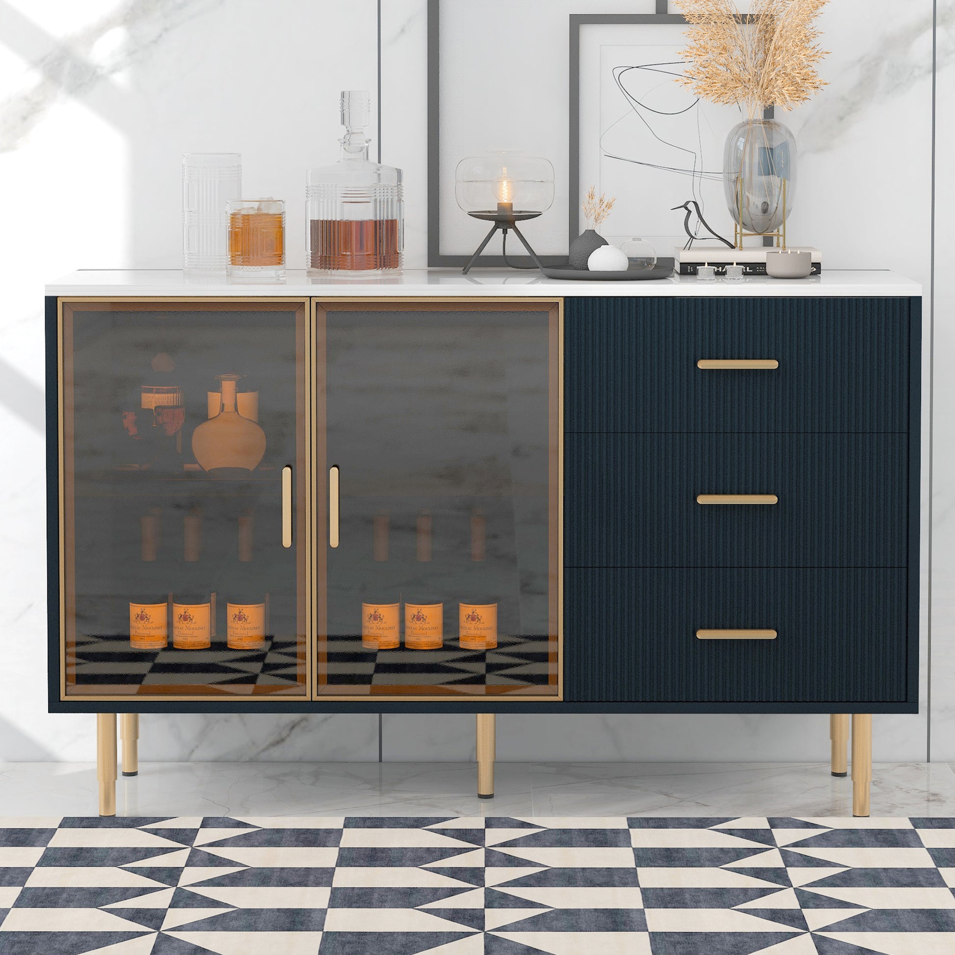 Modern Sideboard Mdf Buffet Cabinet Marble Sticker Tabletop And Amber Yellow Tempered Glass Doors With Gold Metal Legs & Handles Navy Blue Navy Blue Mdf Glass