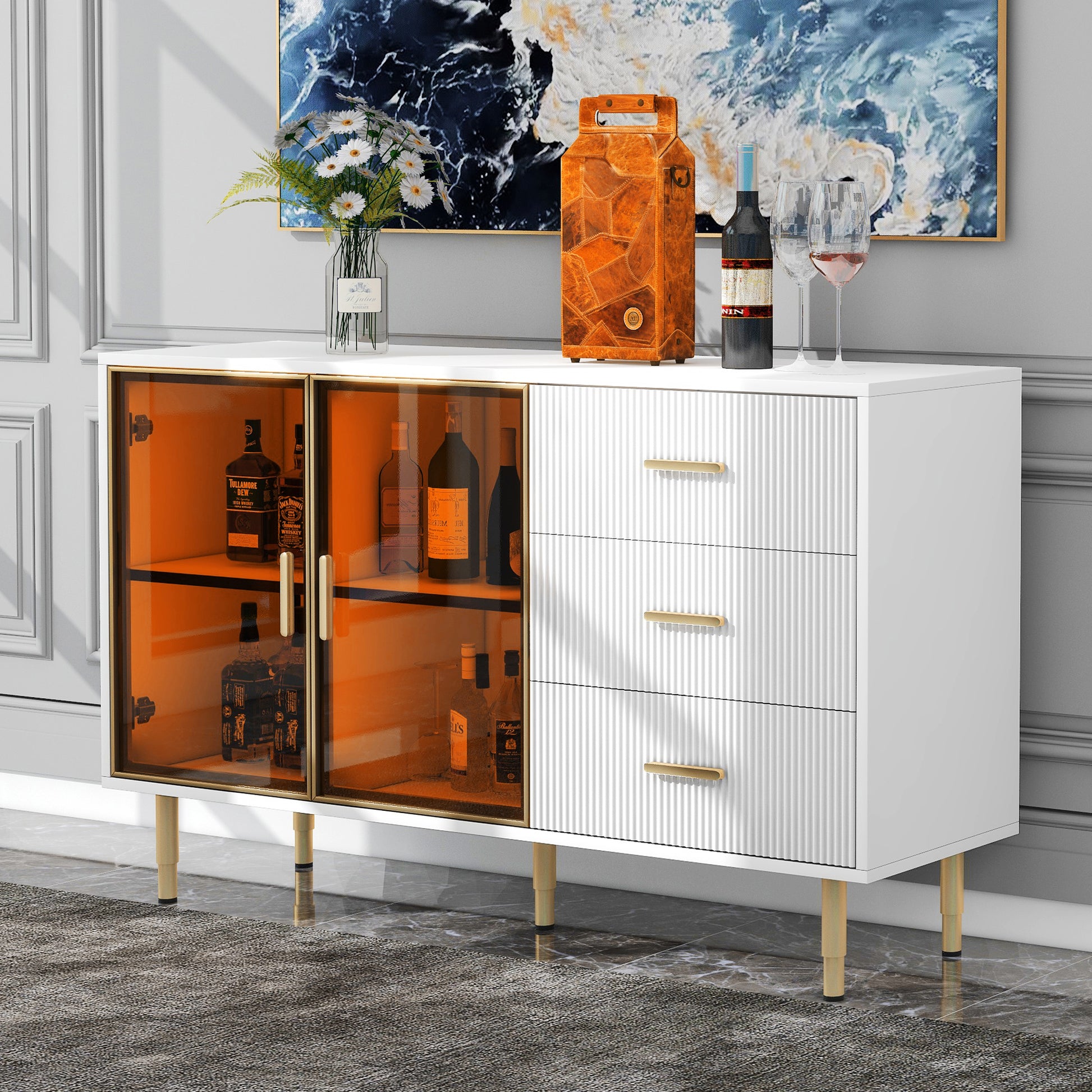 Modern Sideboard Mdf Buffet Cabinet Marble Sticker Tabletop And Amber Yellow Tempered Glass Doors With Gold Metal Legs & Handles White White Mdf Glass