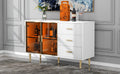 Modern Sideboard Mdf Buffet Cabinet Marble Sticker Tabletop And Amber Yellow Tempered Glass Doors With Gold Metal Legs & Handles White White Mdf Glass