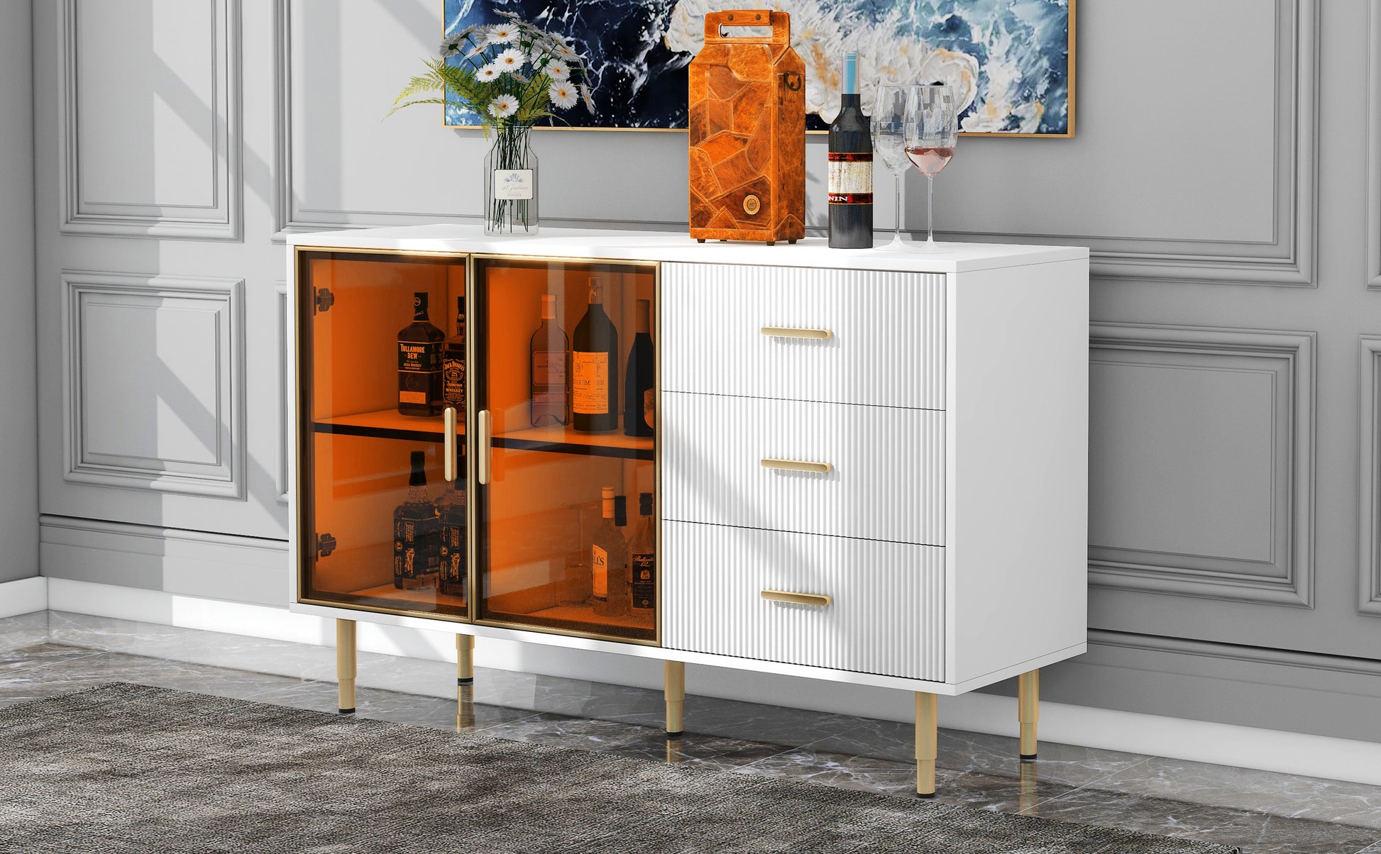 Modern Sideboard Mdf Buffet Cabinet Marble Sticker Tabletop And Amber Yellow Tempered Glass Doors With Gold Metal Legs & Handles White White Mdf Glass