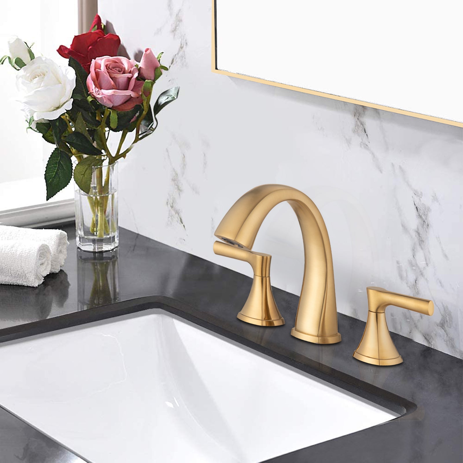 Widespread Bathroom Sink Faucets Two Handle 3 Hole Vanity Bath Faucet With Drain Assembly Brushed Golden Brushed Gold Stainless Steel