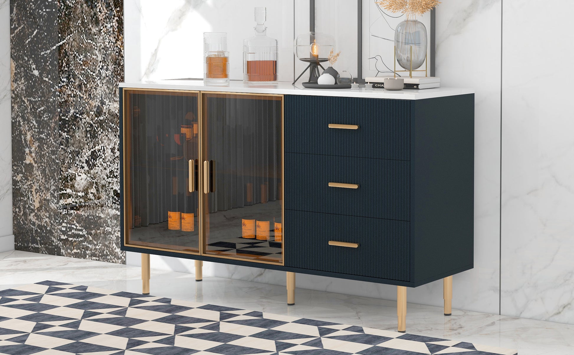 Modern Sideboard Mdf Buffet Cabinet Marble Sticker Tabletop And Amber Yellow Tempered Glass Doors With Gold Metal Legs & Handles Navy Blue Navy Blue Mdf Glass