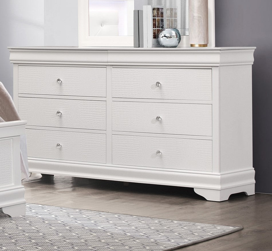 Traditional Design Bedroom Furniture 1Pc Dresser Of 6X Drawers Faux Alligator Embossed Fronts White Finish Wooden Furniture White 5 Drawers & Above Bedroom Traditional White Wood