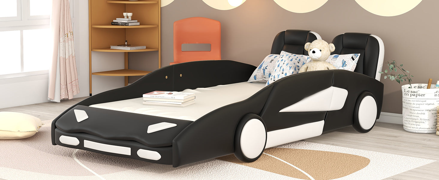 Twin Size Race Car Shaped Platform Bed With Wheels, Black Black Pine