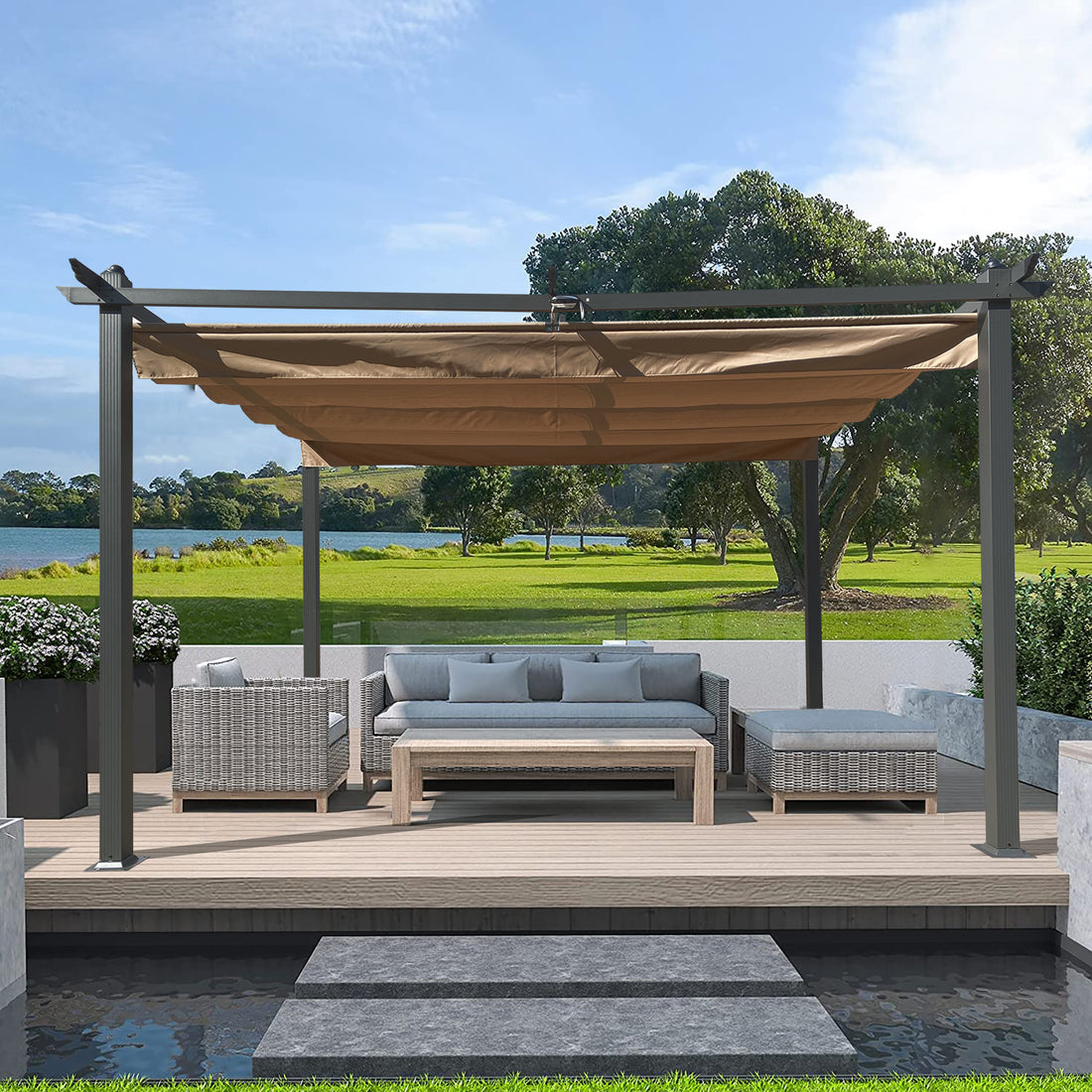 13 X 10 Ft Outdoor Patio Retractable Pergola With Canopy Sun Shelter Pergola For Gardens,Terraces,Backyard Beige Aluminium