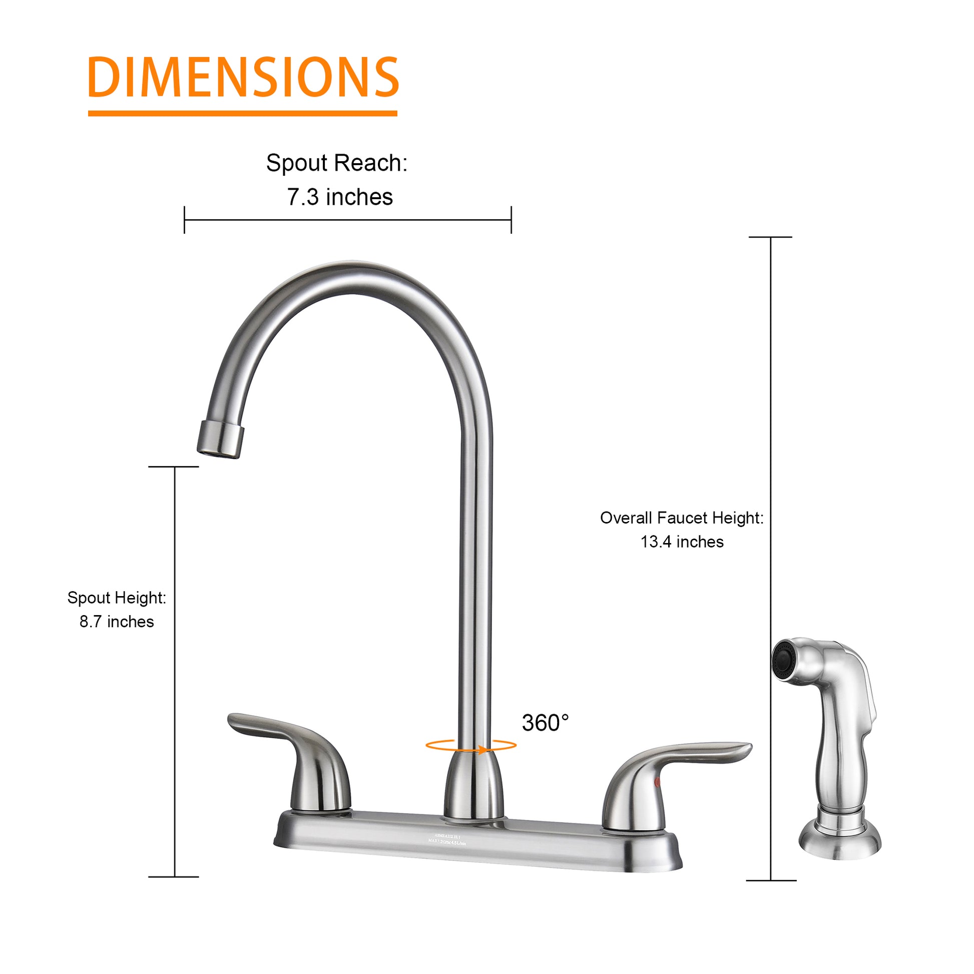 Kitchen Sink Faucet With 2 Handles And Pull Out Side Sprayer, 4 Hole Installation, Brushed Nickel Brushed Nickel Stainless Steel