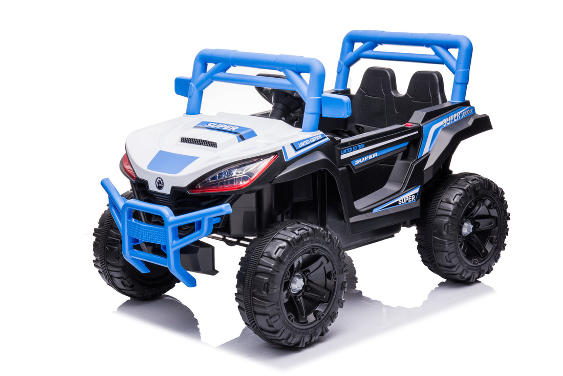 12V7A*1 30W*4 One Button Start, Forward And Backward, High And Low Speed, Music, Front Light, Power Display, Two Doors Can Open, 2.4G R C, Seat Belt Four Wheel Absorber Kids Ride On Car Blue Plastic