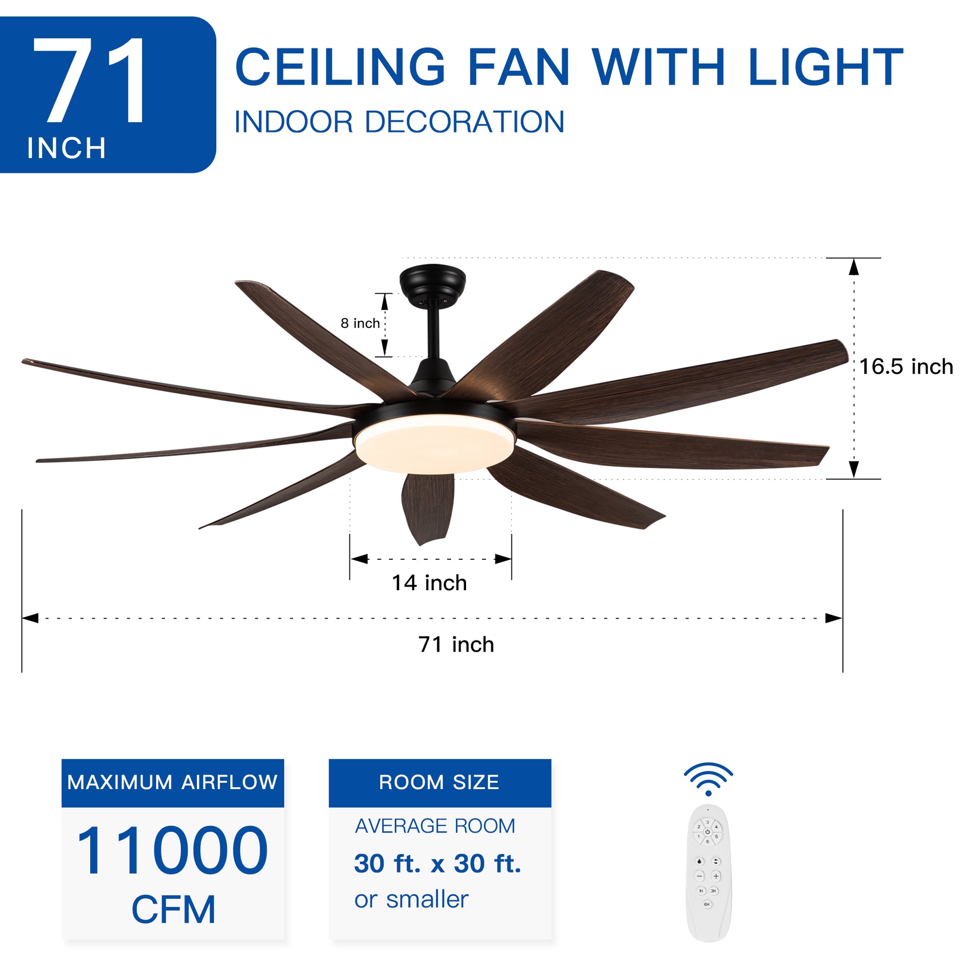 71" Integrated Led Lighting Ceiling Fan With 9 Solid Wood Blade Antique Brown Metal & Wood