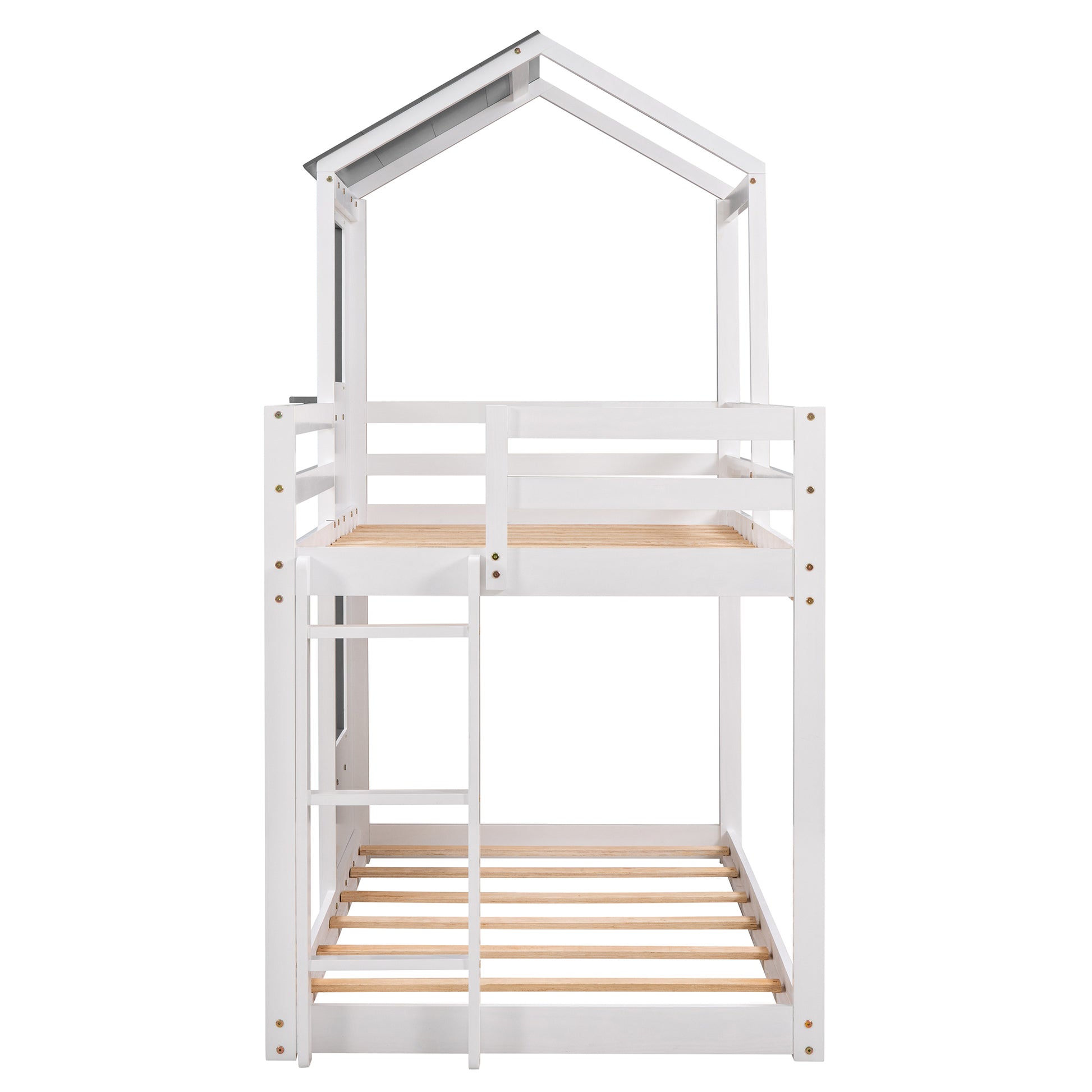 Twin Over Twin Bunk Bed Wood Bed With Roof, Window, Guardrail, Ladder White Old Sku :Lp000056Aak White Solid Wood