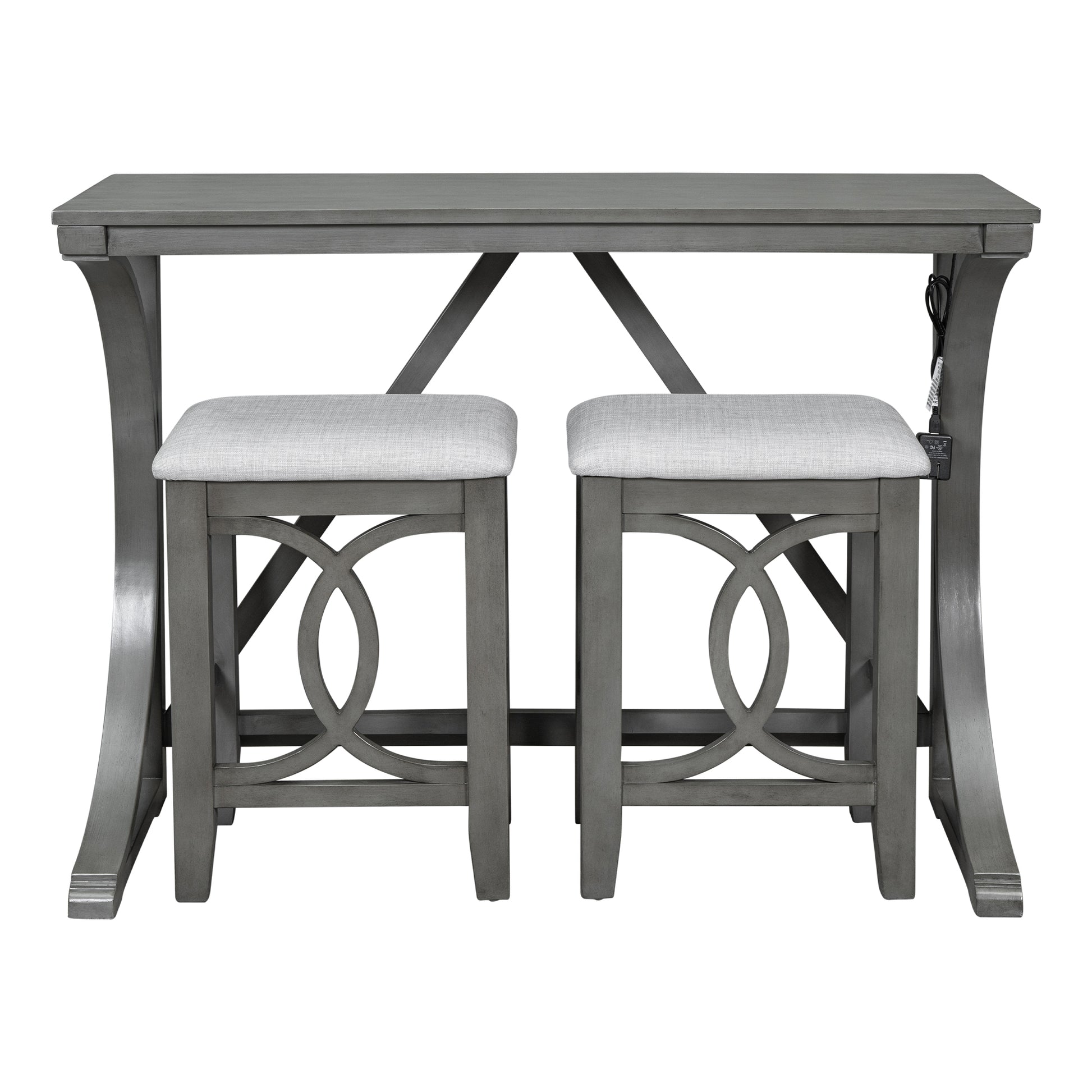 Farmhouse 3 Piece Counter Height Dining Table Set With Usb Port And Upholstered Stools,Gray Gray Wood Dining Room Solid Wood Rubberwood Rectangular Wood Wood Gray Seats 2 Farmhouse Trestle Foam Solid Wood