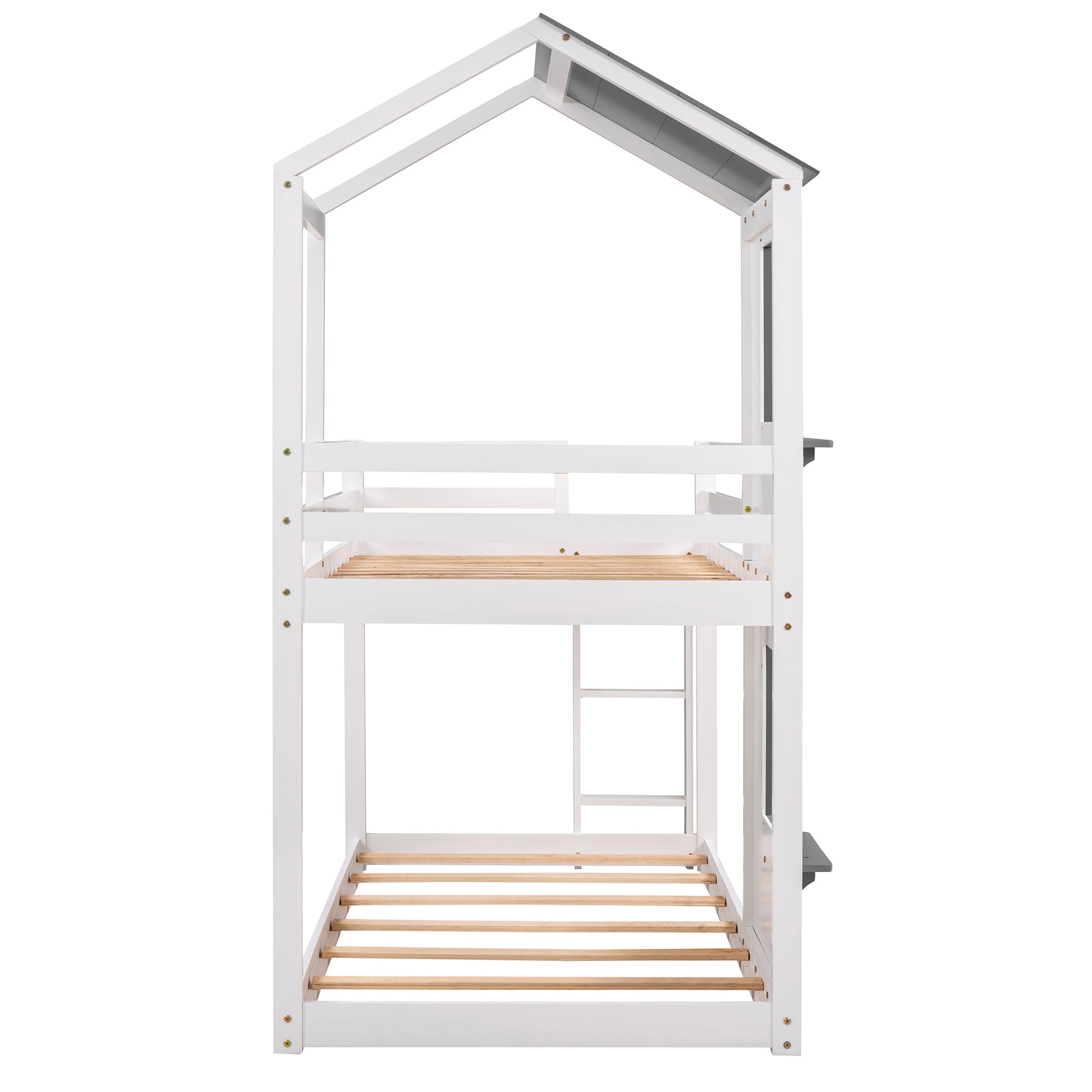 Twin Over Twin Bunk Bed Wood Bed With Roof, Window, Guardrail, Ladder White Old Sku :Lp000056Aak White Solid Wood