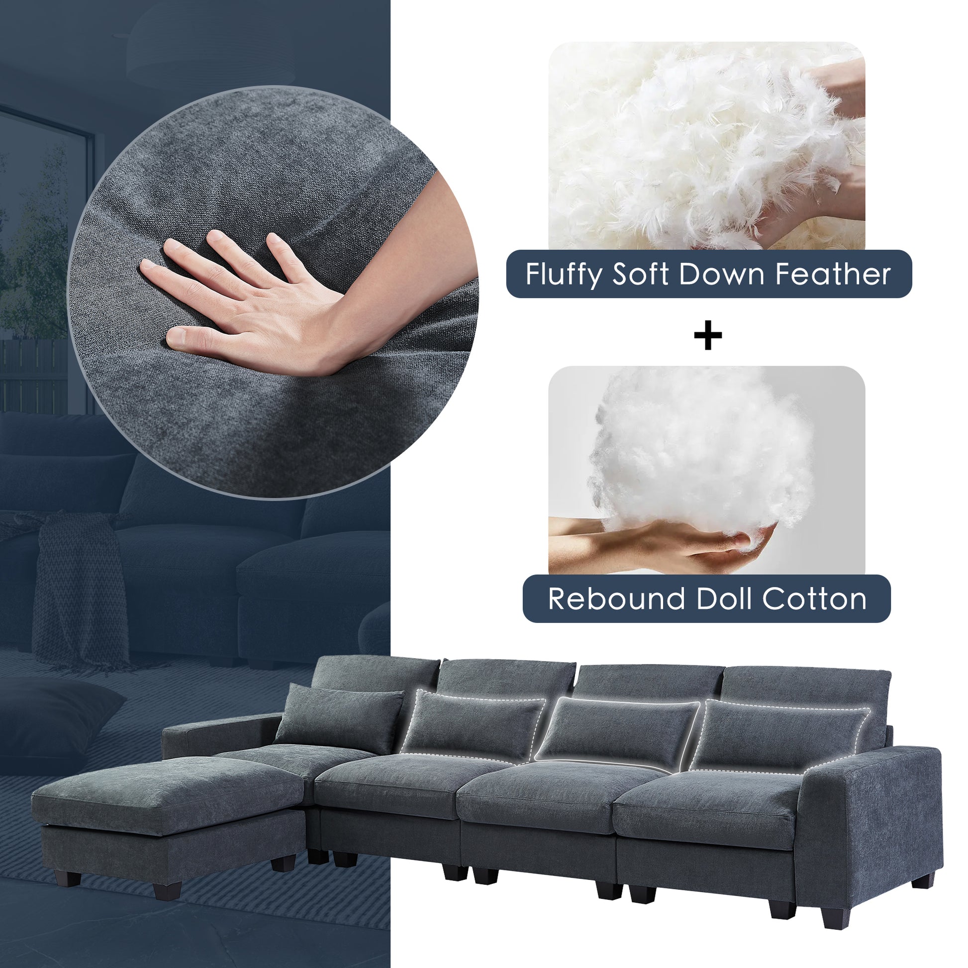 Modern Large L Shape Feather Filled Sectional Sofa, Convertible Sofa Couch With Reversible Chaise For Living Room Dark Gray Chenille 5 Seat