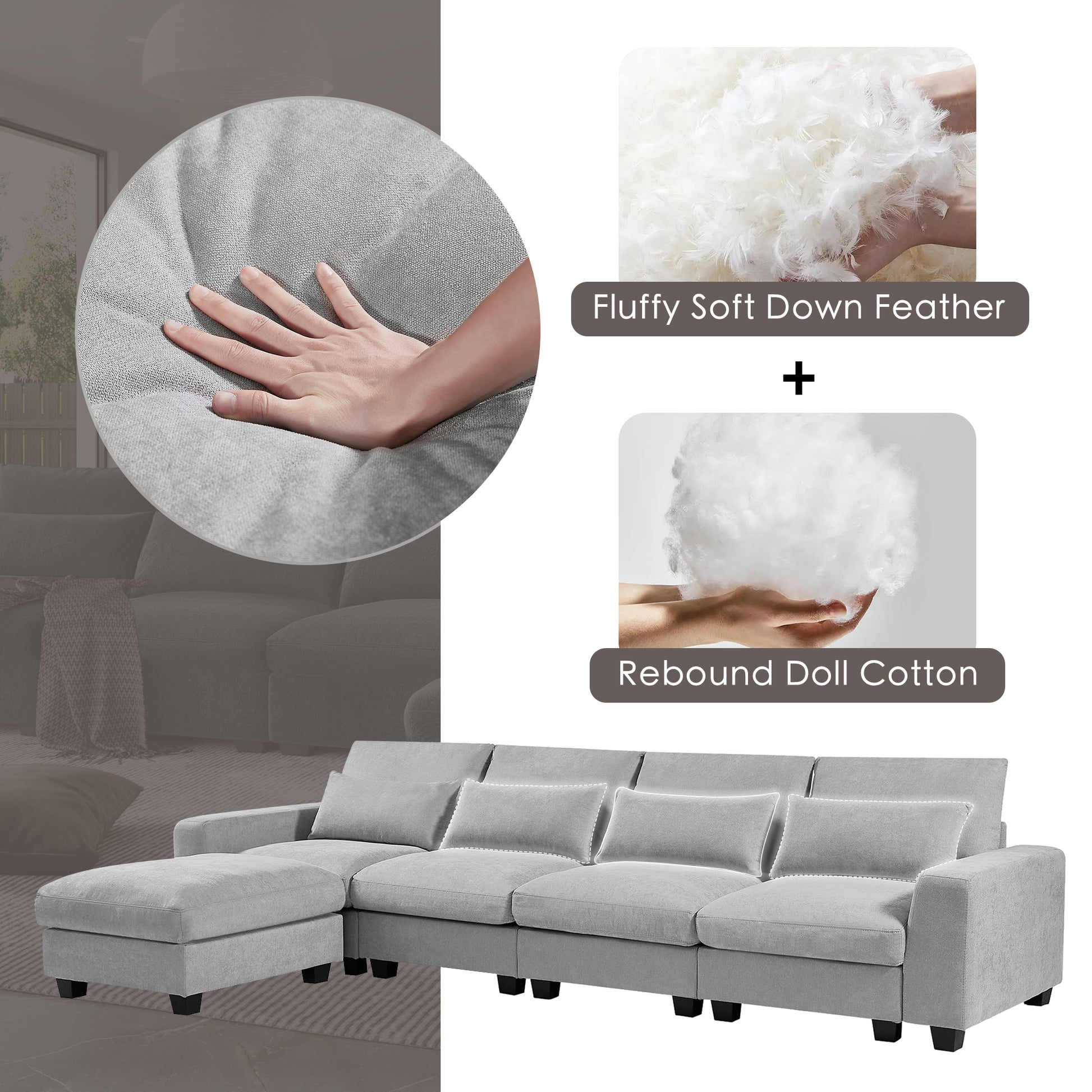 Modern Large L Shape Feather Filled Sectional Sofa, Convertible Sofa Couch With Reversible Chaise For Living Room Light Gray Chenille 5 Seat