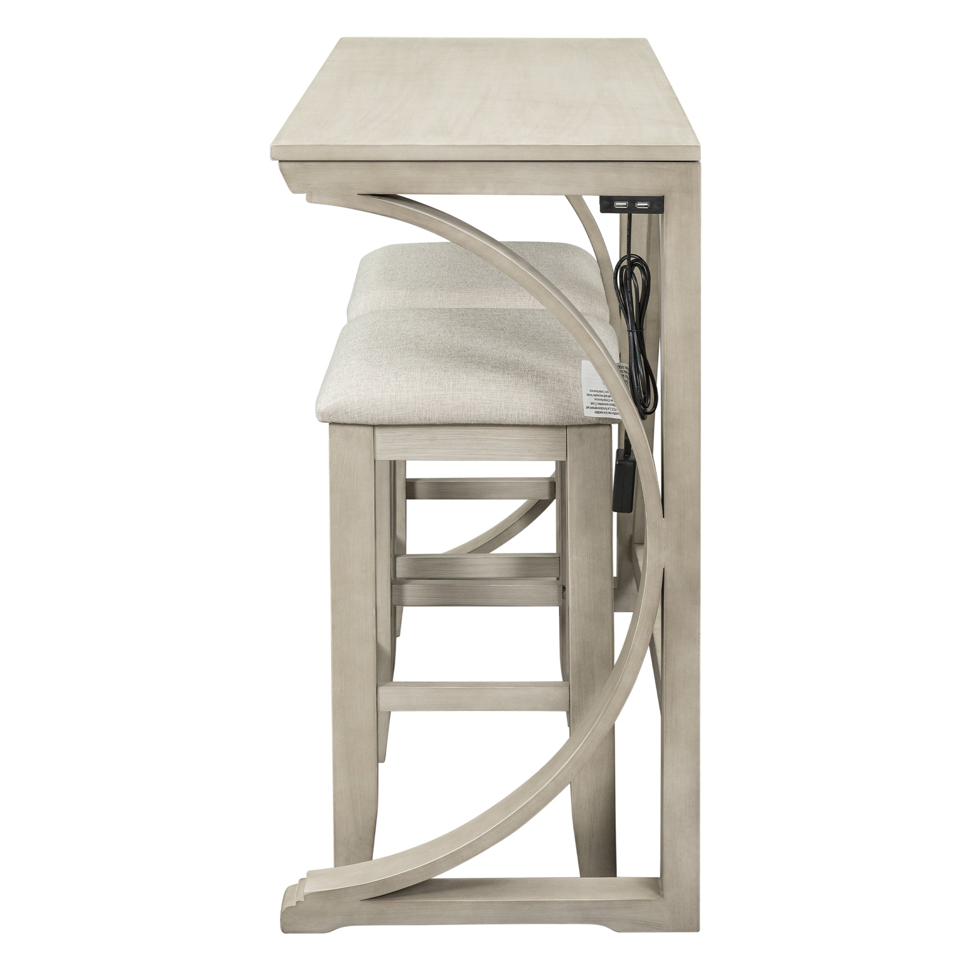 Farmhouse 3 Piece Counter Height Dining Table Set With Usb Port And Upholstered Stools,Cream Wood Wood Cream Seats 2 Wood Dining Room Solid Wood Farmhouse Rubberwood Trestle Rectangular Foam Solid Wood
