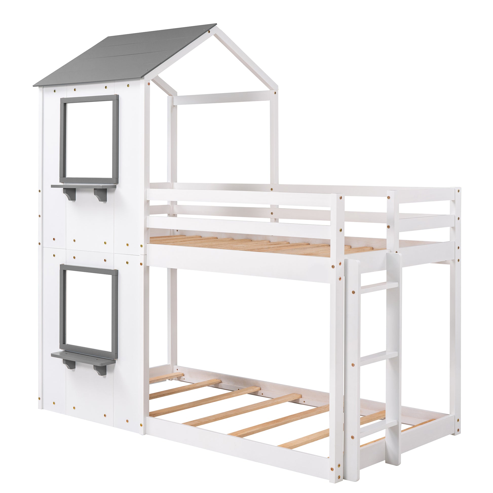 Twin Over Twin Bunk Bed Wood Bed With Roof, Window, Guardrail, Ladder White Old Sku :Lp000056Aak White Solid Wood