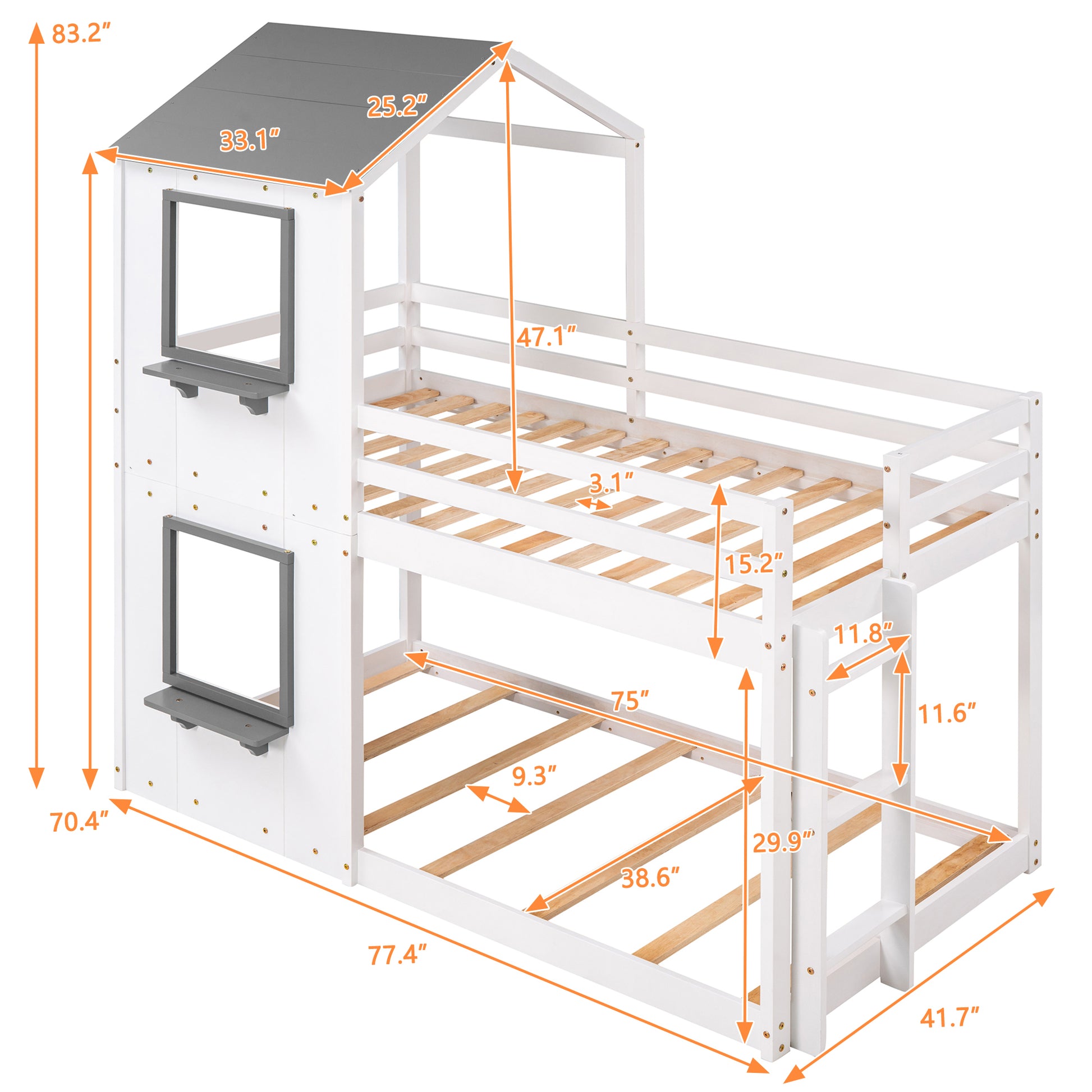 Twin Over Twin Bunk Bed Wood Bed With Roof, Window, Guardrail, Ladder White Old Sku :Lp000056Aak White Solid Wood