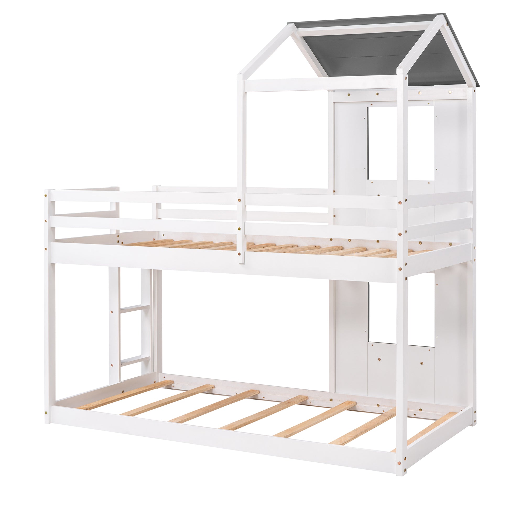 Twin Over Twin Bunk Bed Wood Bed With Roof, Window, Guardrail, Ladder White Old Sku :Lp000056Aak White Solid Wood