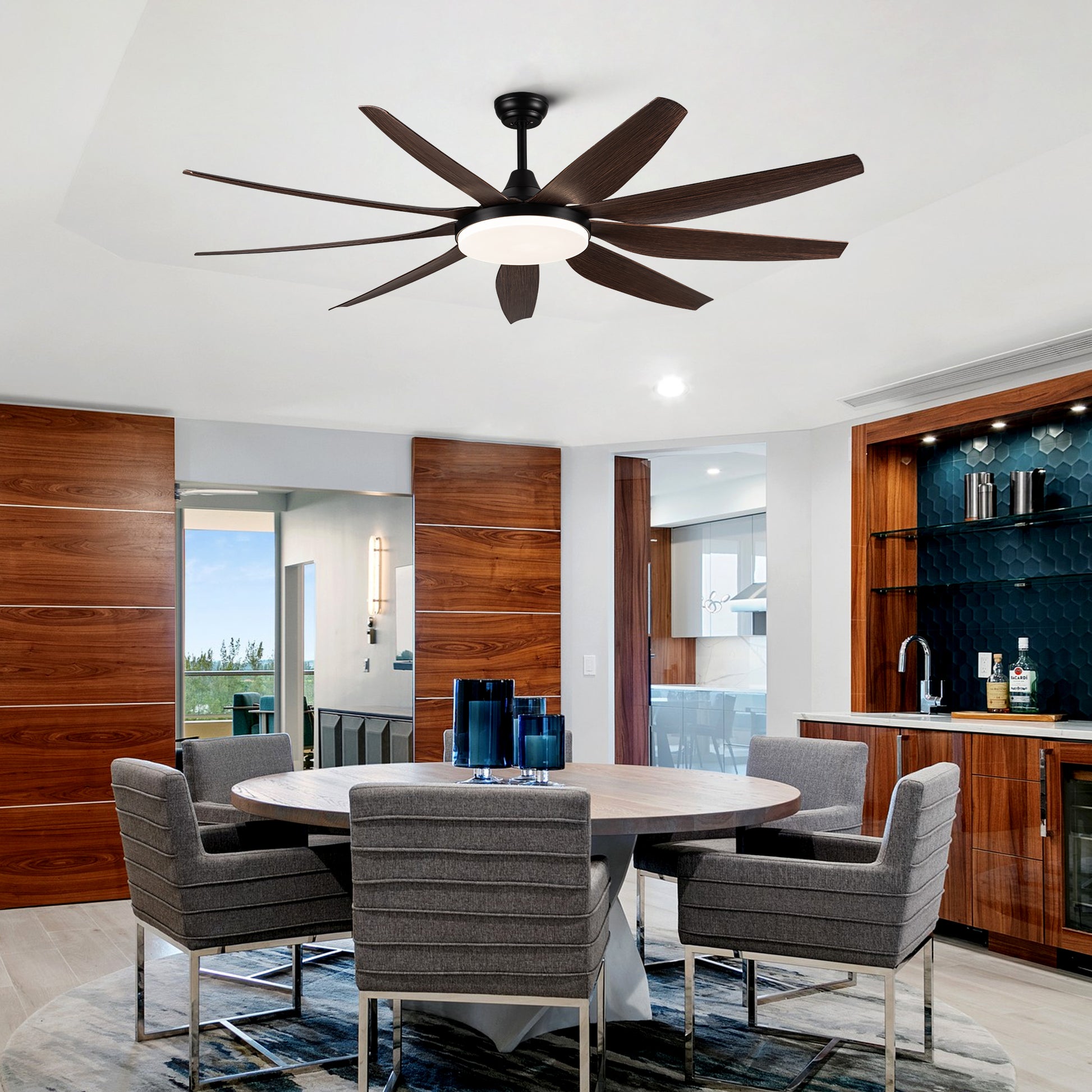 71" Integrated Led Lighting Ceiling Fan With 9 Solid Wood Blade Antique Brown Metal & Wood