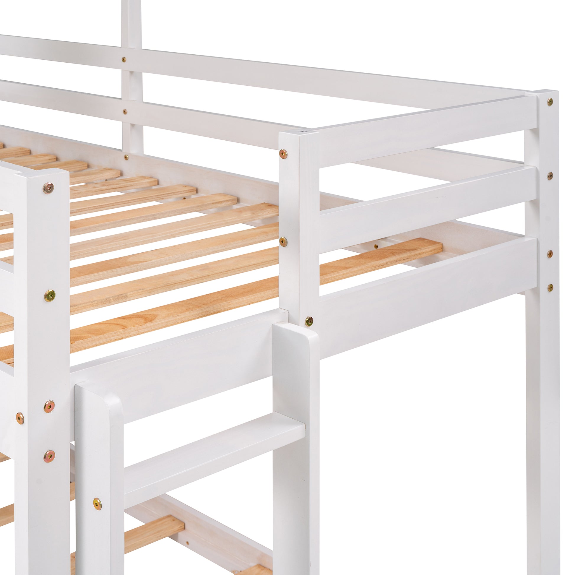 Twin Over Twin Bunk Bed Wood Bed With Roof, Window, Guardrail, Ladder White Old Sku :Lp000056Aak White Solid Wood