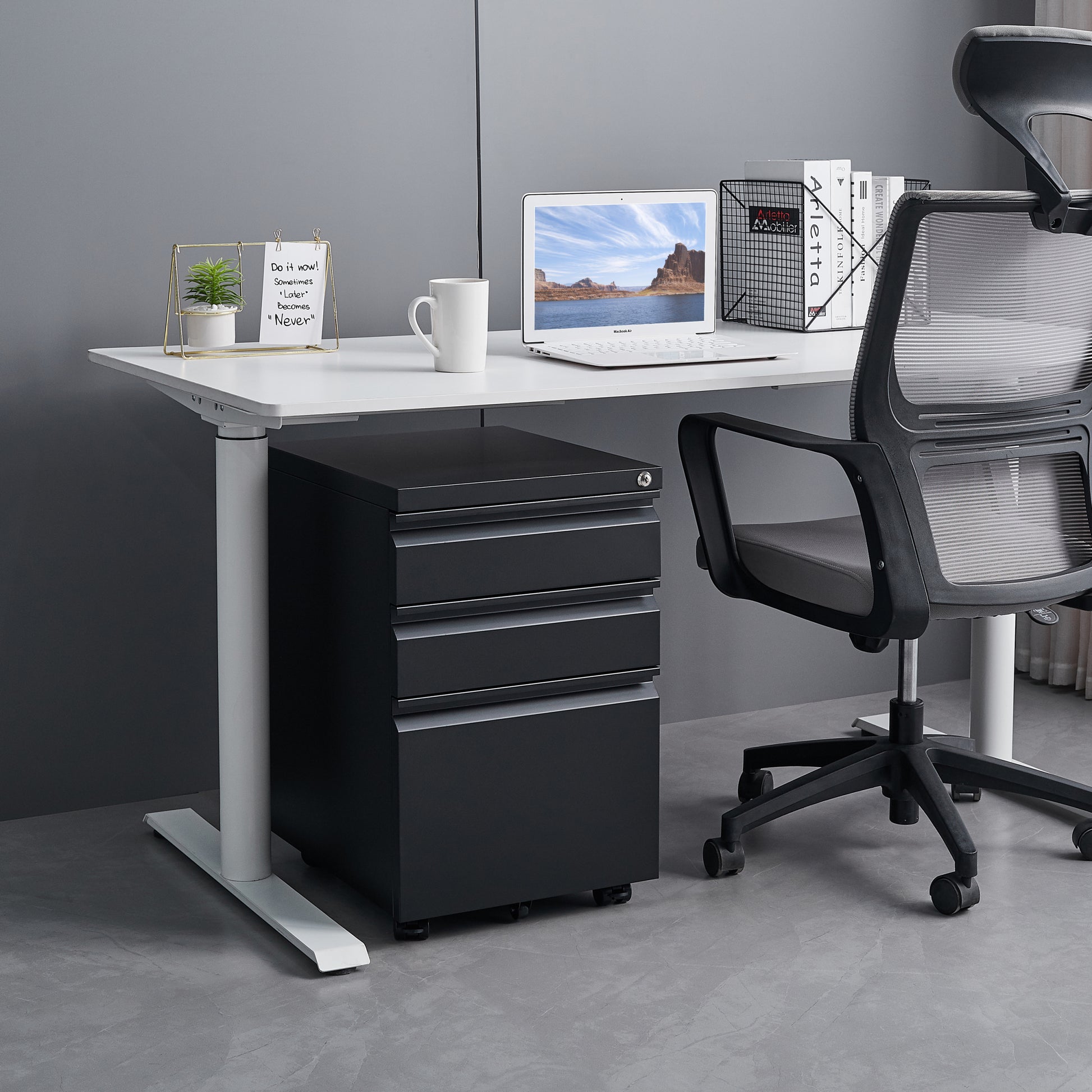 3 Drawer File Cabinet With Lock, Steel Mobile Filing Cabinet On Anti Tilt Wheels, Rolling Locking Office Cabinets Under Desk For Legal Letter Size Black Metal