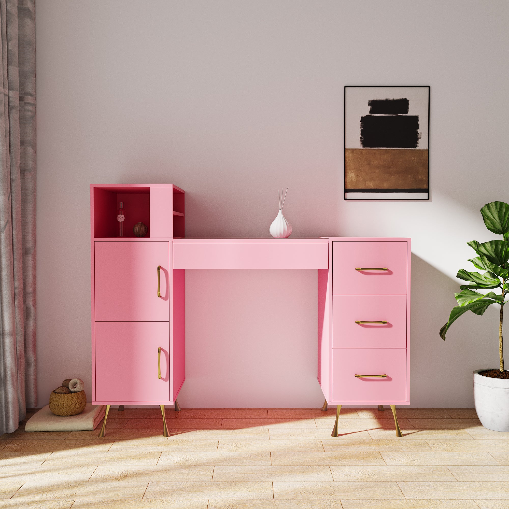 Manicure Table, Nail Makeup Desk With Drawers Pink Mdf