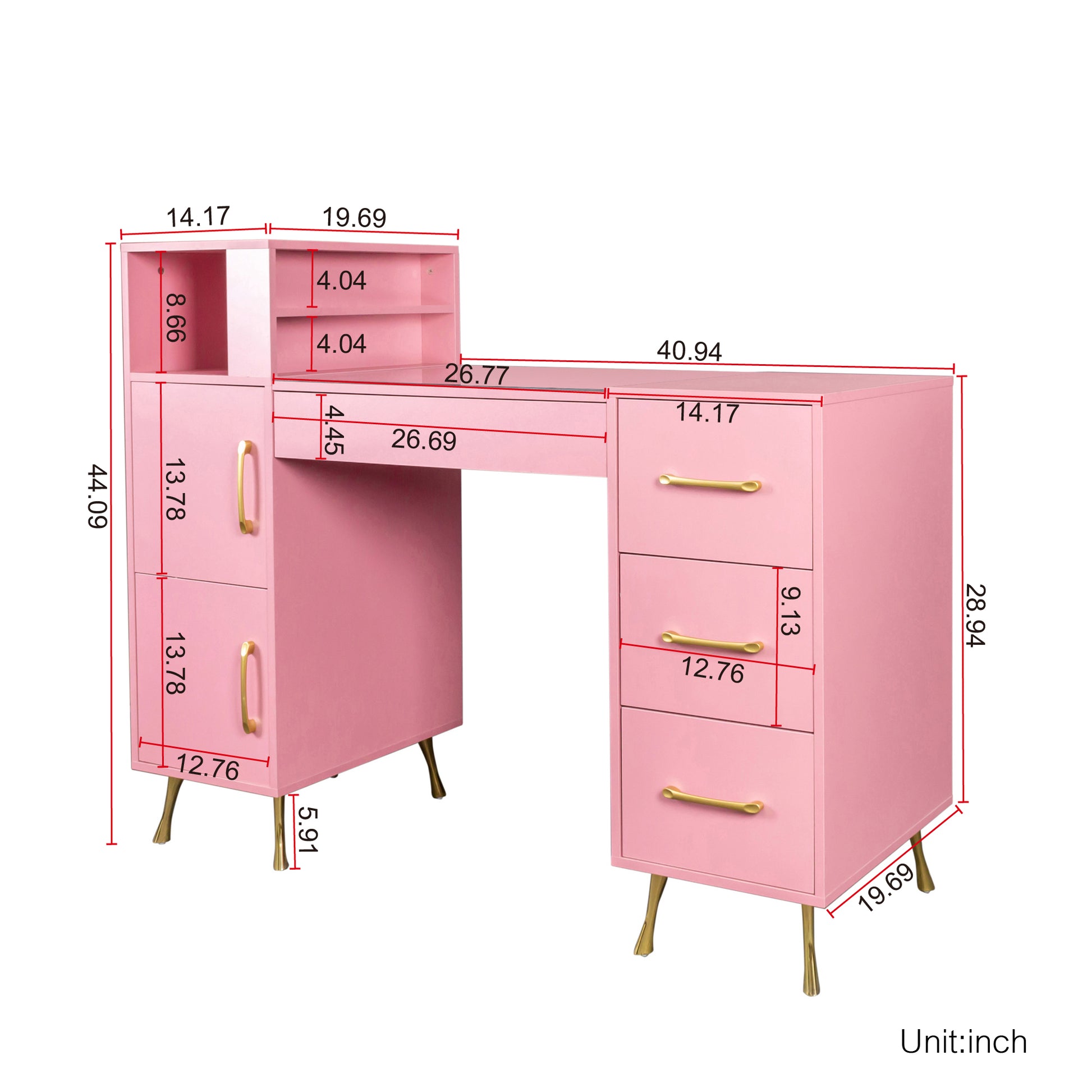 Manicure Table, Nail Makeup Desk With Drawers Pink Mdf