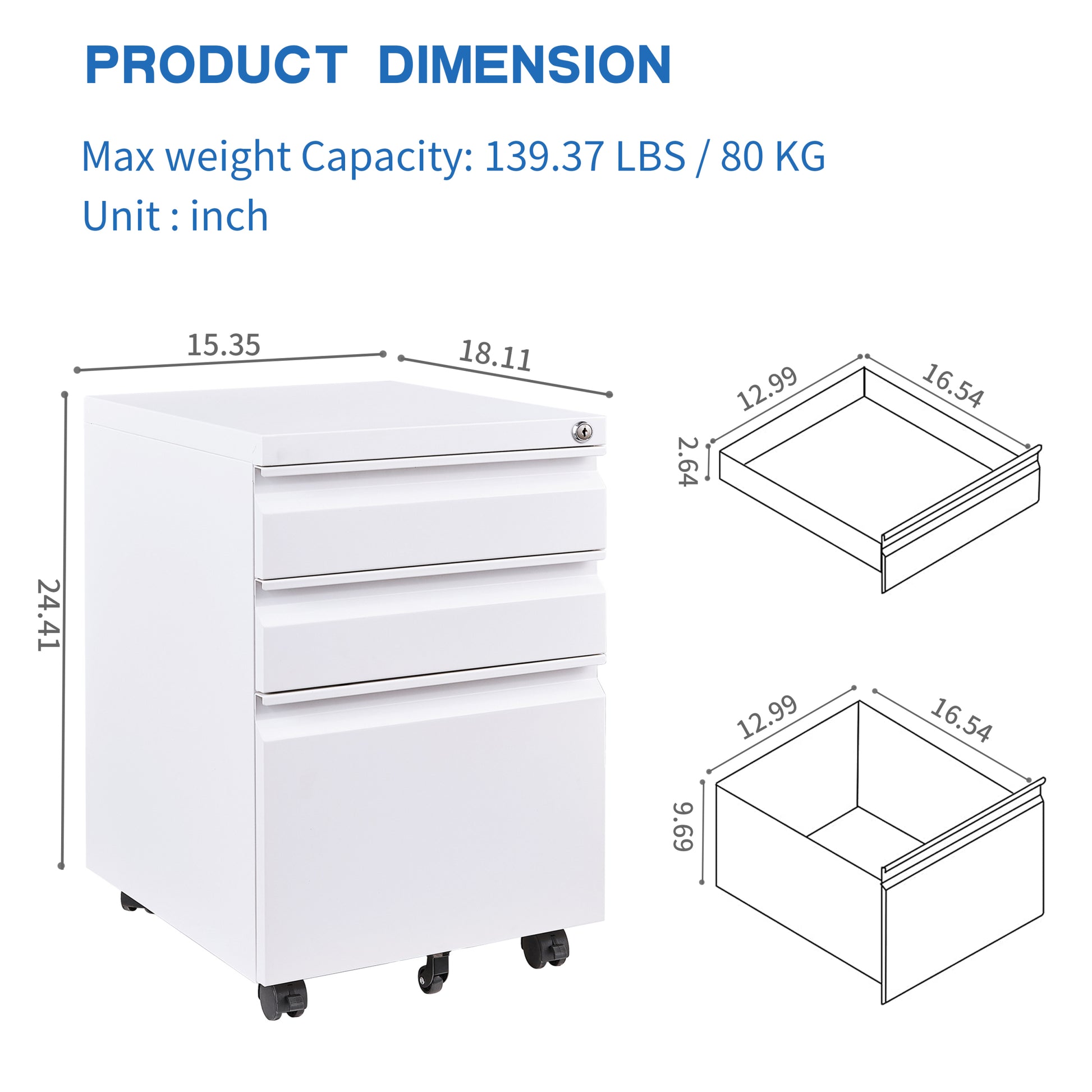 3 Drawer File Cabinet With Lock, Steel Mobile Filing Cabinet On Anti Tilt Wheels, Rolling Locking Office Cabinets Under Desk For Legal Letter Size White Metal