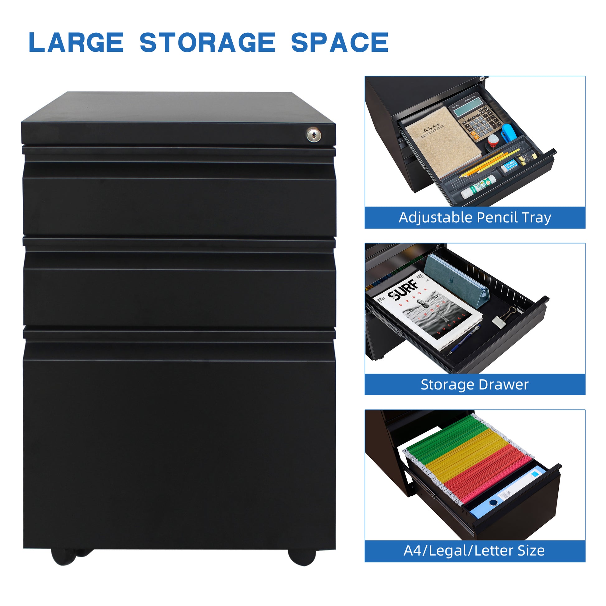 3 Drawer File Cabinet With Lock, Steel Mobile Filing Cabinet On Anti Tilt Wheels, Rolling Locking Office Cabinets Under Desk For Legal Letter Size Black Metal
