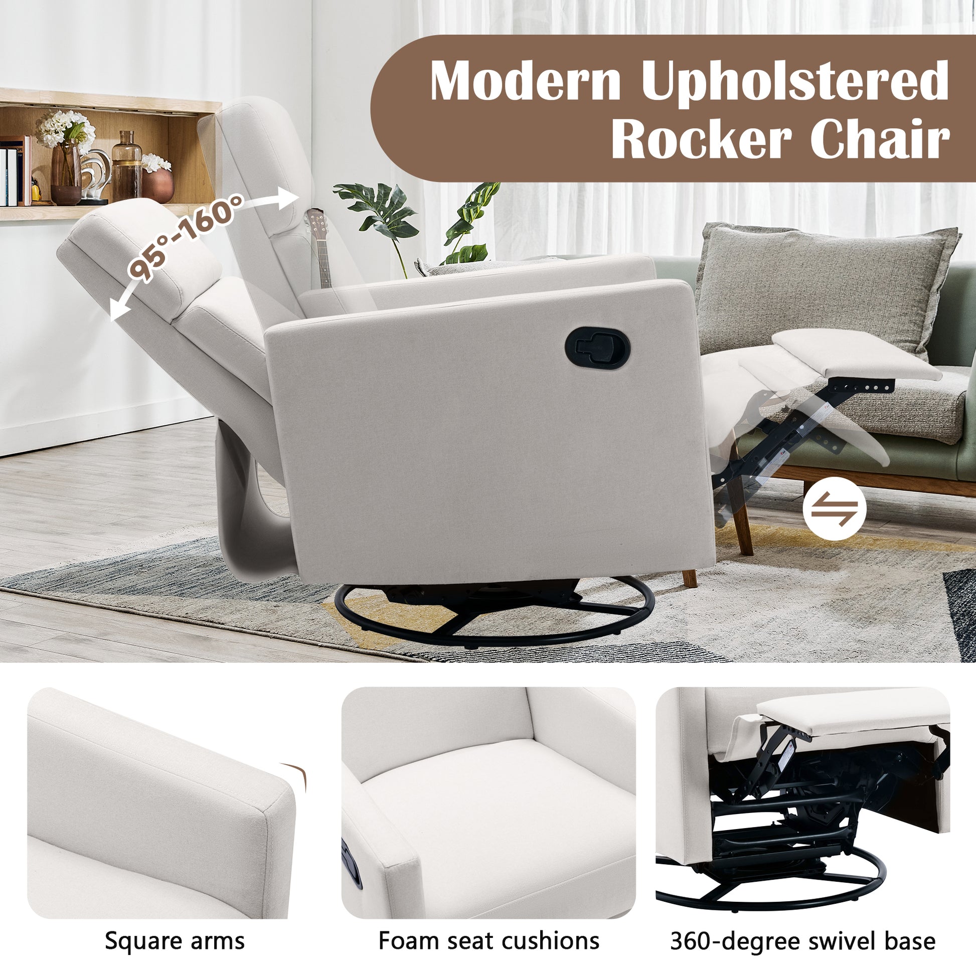 Modern Upholstered Rocker Nursery Chair Plush Seating Glider Swivel Recliner Chair, Beige Beige Linen