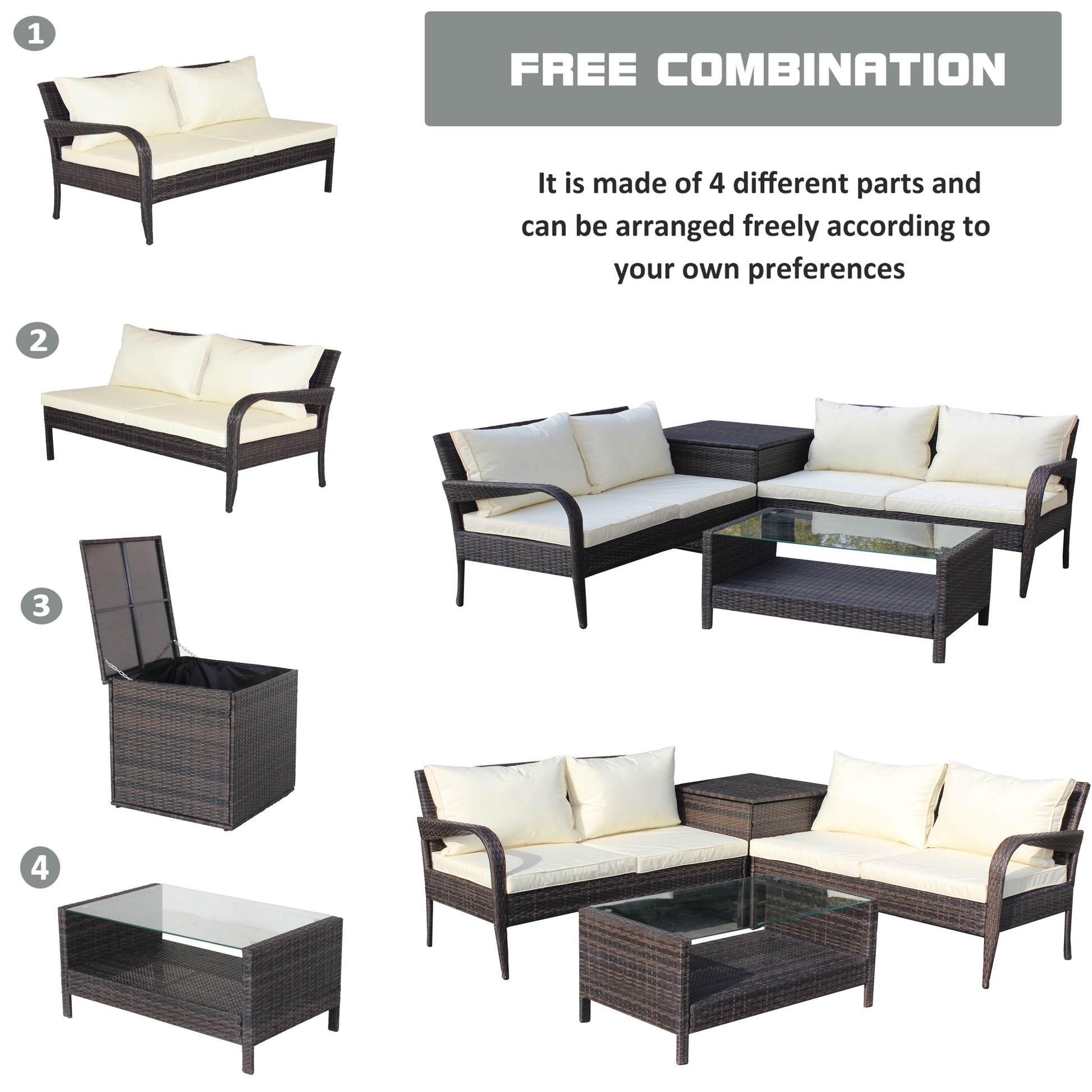 4 Piece Patio Sectional Wicker Rattan Outdoor Furniture Sofa Set With Storage Box Brown Brown Iron