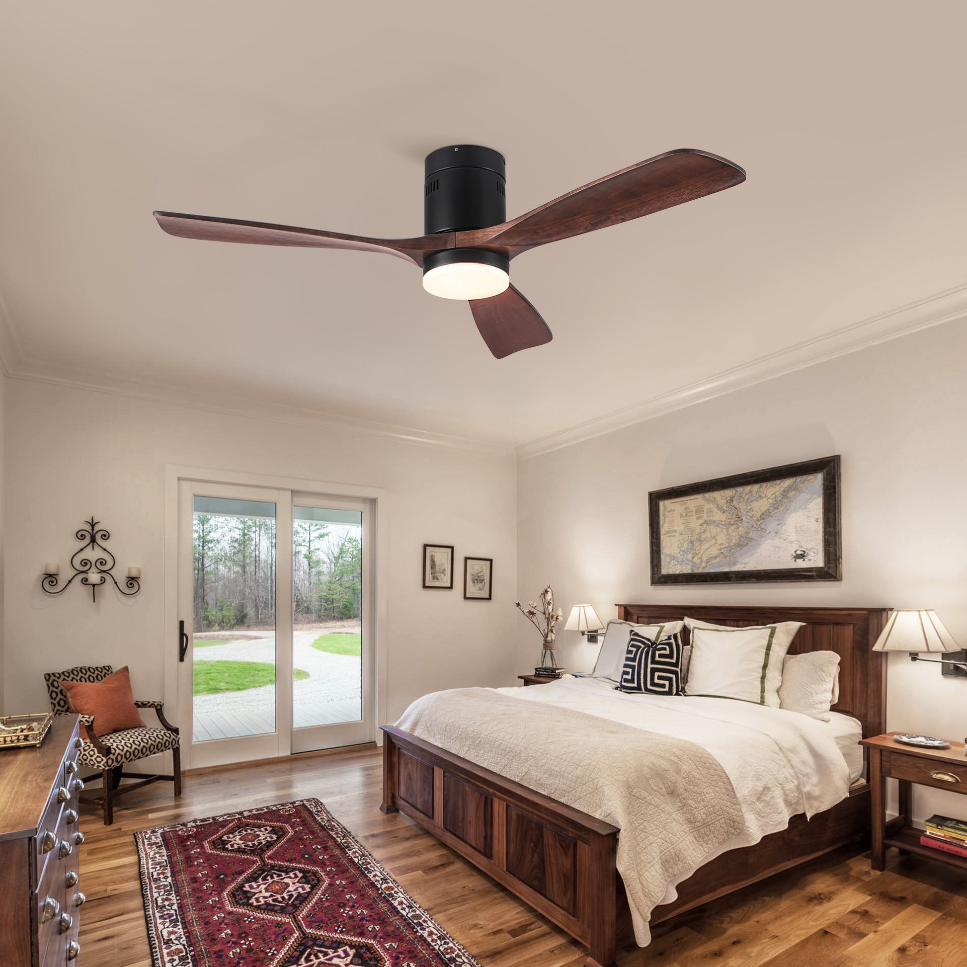 Flush Mount Ceiling Fan With Integrated Led Light In Solid Wood Blades Antique Brown Solid Wood