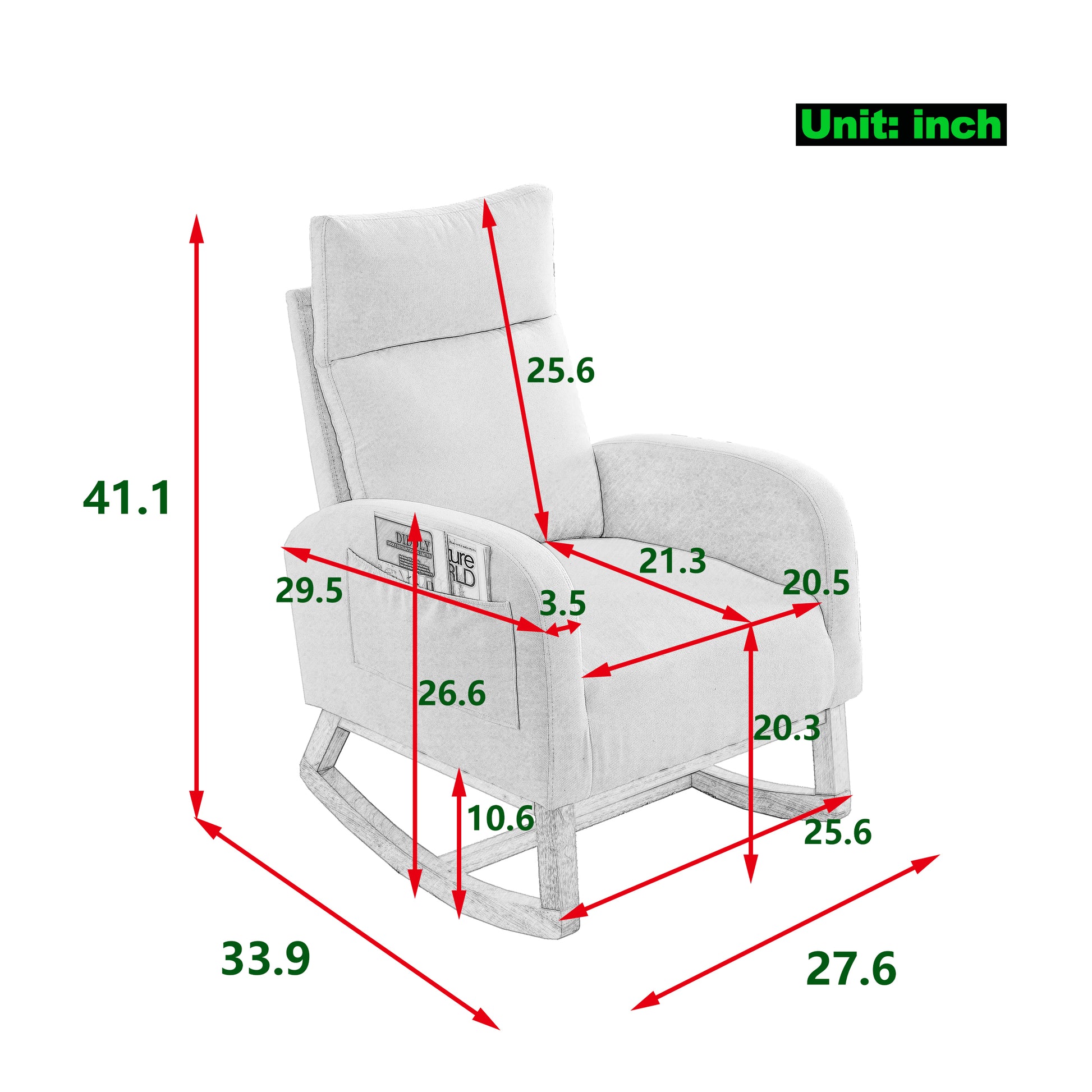 Video Welike 27.6"W Modern Accent High Backrest Living Room Lounge Arm Rocking Chair, Two Side Pocket W83453336 Grey Teddy Foam Fabric