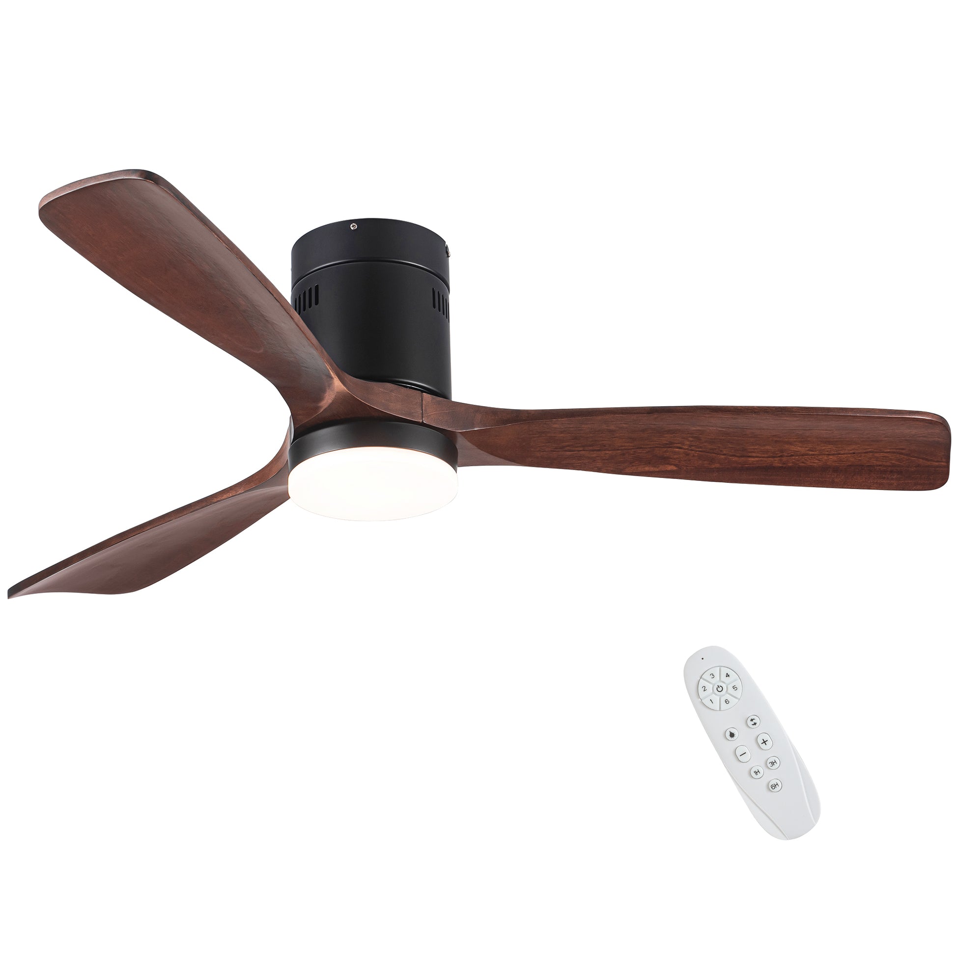 Flush Mount Ceiling Fan With Integrated Led Light In Solid Wood Blades Antique Brown Solid Wood