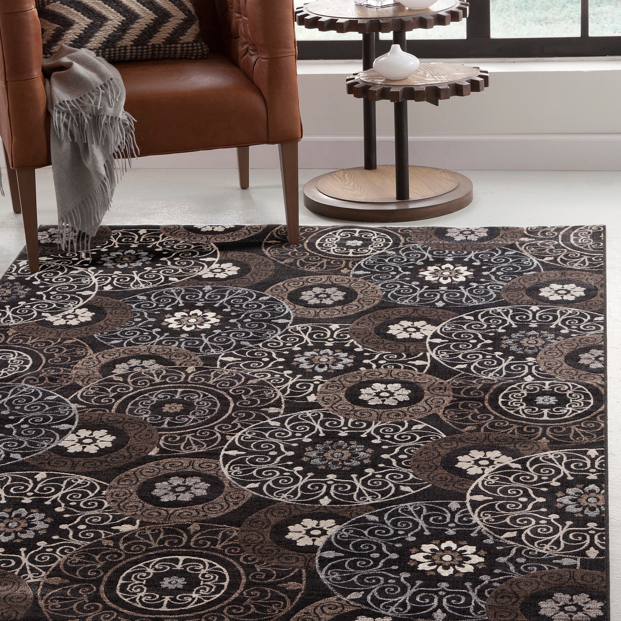 Lundy Chocolate Black Beige Area Rug 8X10 Chocolate Viscose