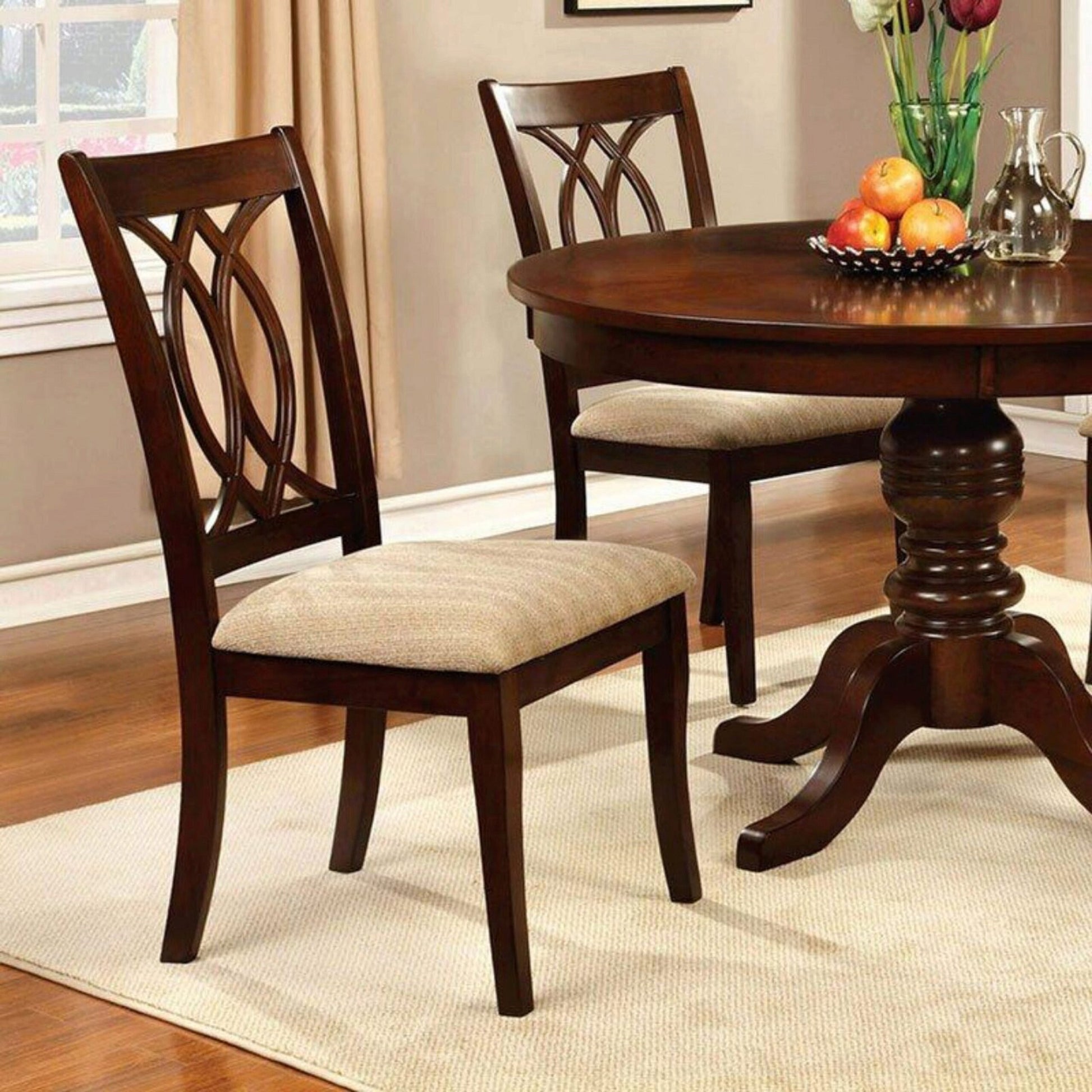 Classic Transitional Dining Chairs Brown Cherry Solid Wood Padded Fabric Seat Set Of 2 Side Chairs Dining Room Furniture Beautifully Crafted Chairs Cherry Brown Dining Room Classic,Traditional Dining Chairs Rubberwood Solid Wood