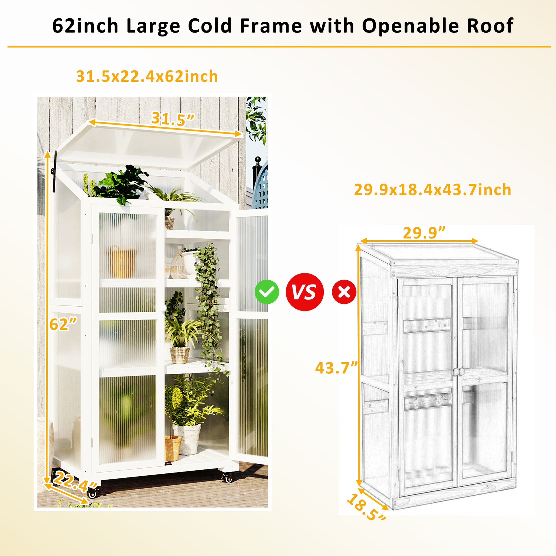 62Inch Height Wood Large Greenhouse Balcony Portable Cold Frame With Wheels And Adjustable Shelves For Outdoor Indoor Use, White White Garden & Outdoor Casual Wood Solid Wood