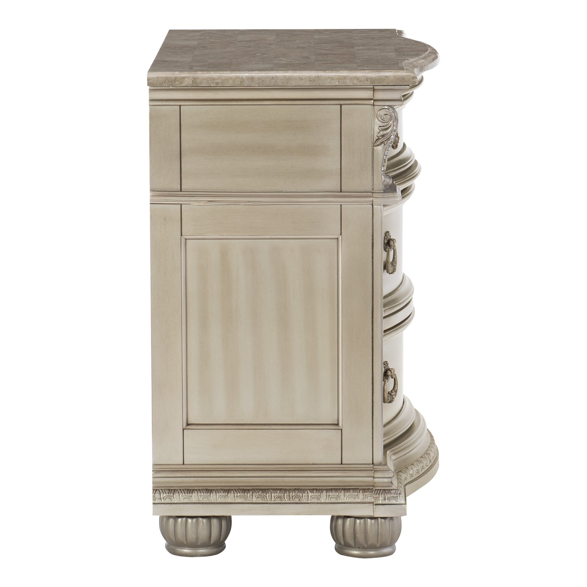 Silver Finish European Design 1Pc Nightstand W Genuine Marble Top Traditional Bedroom Furniture Silver 3 Drawers Bedroom Traditional Wood