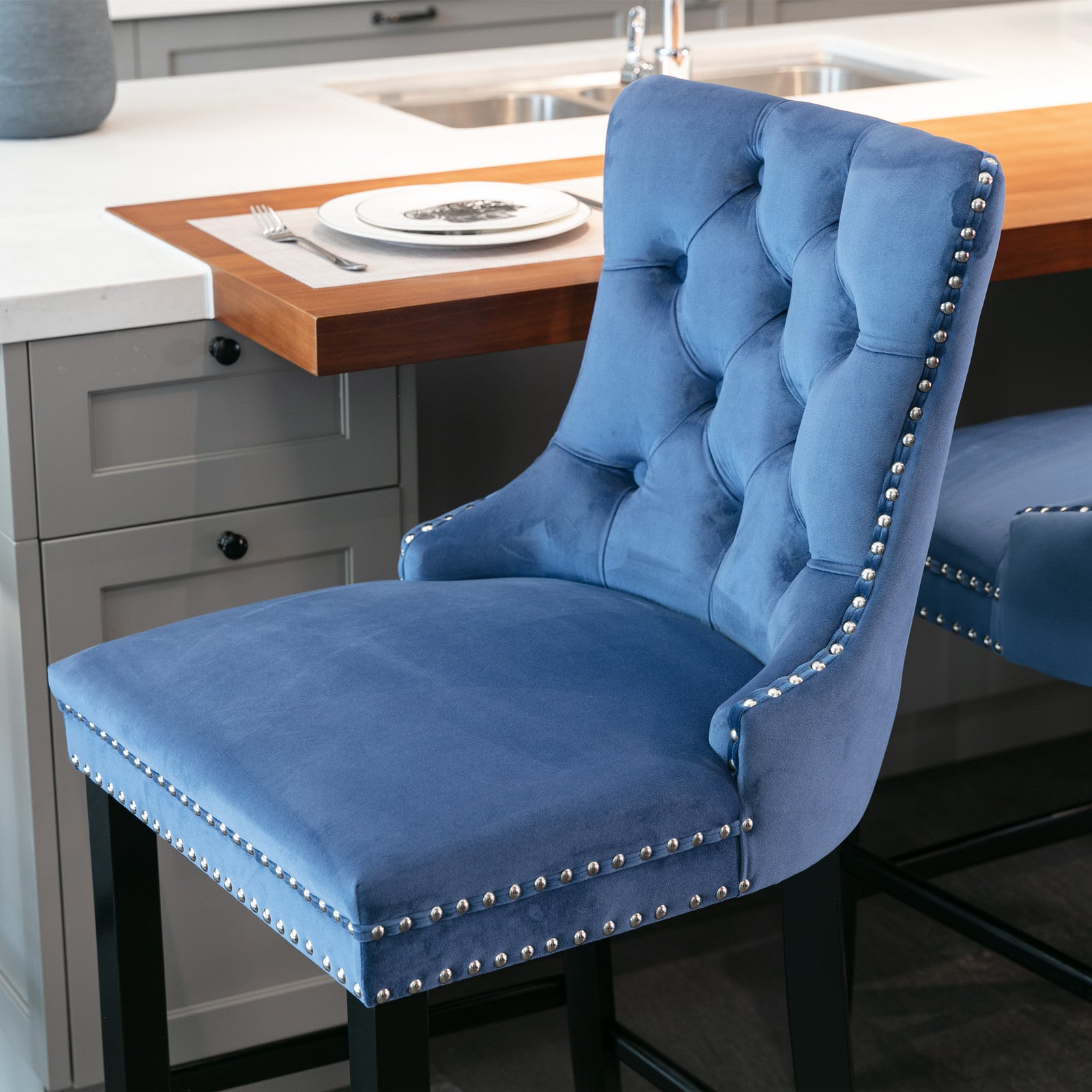 Contemporary Velvet Upholstered Barstools With Button Tufted Decoration And Wooden Legs, And Chrome Trim, Leisure Style Bar Chairs,Bar Stools, Set Of 2 Blue ,Sw2002Bl Blue Seats 2 American Design Rubberwood Foam Velvet