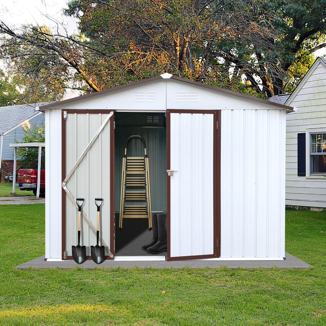 Metal Garden Sheds 10Ftx8Ft Outdoor White Coffee White Metal