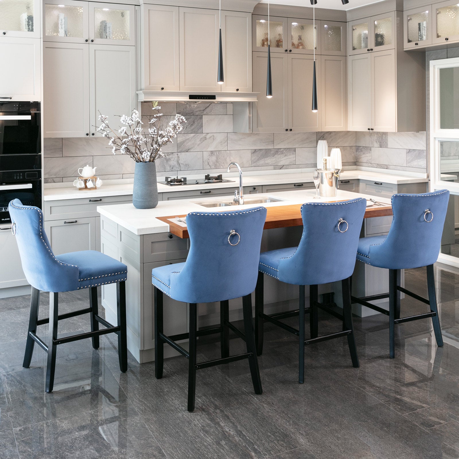 Contemporary Velvet Upholstered Barstools With Button Tufted Decoration And Wooden Legs, And Chrome Trim, Leisure Style Bar Chairs,Bar Stools, Set Of 2 Blue ,Sw2002Bl Blue Seats 2 American Design Rubberwood Foam Velvet