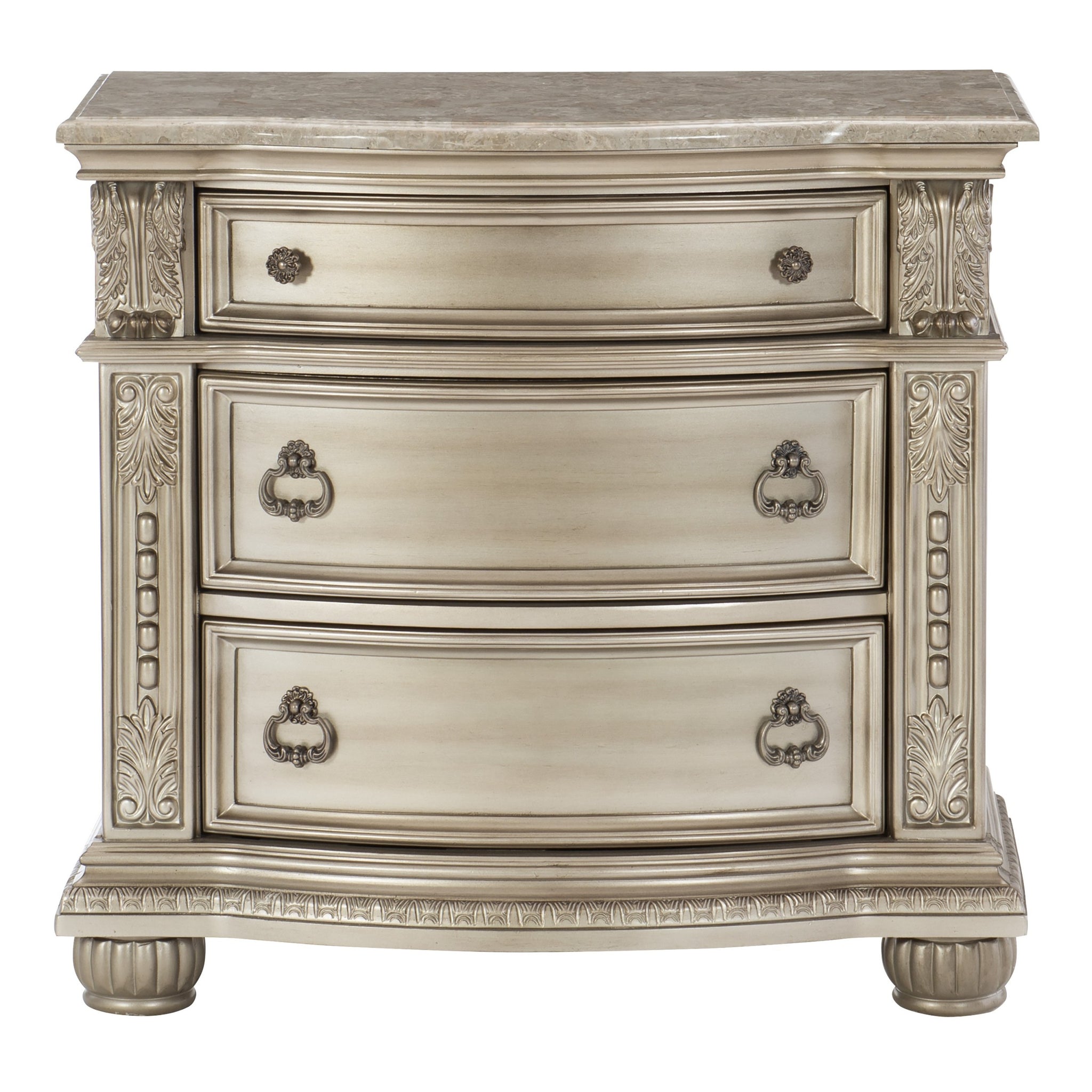 Silver Finish European Design 1Pc Nightstand W Genuine Marble Top Traditional Bedroom Furniture Silver 3 Drawers Bedroom Traditional Wood