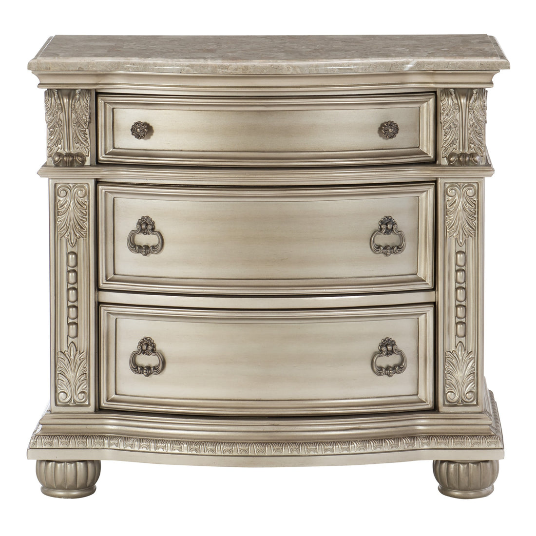 Silver Finish European Design 1Pc Nightstand W Genuine Marble Top Traditional Bedroom Furniture Silver 3 Drawers Bedroom Traditional Wood