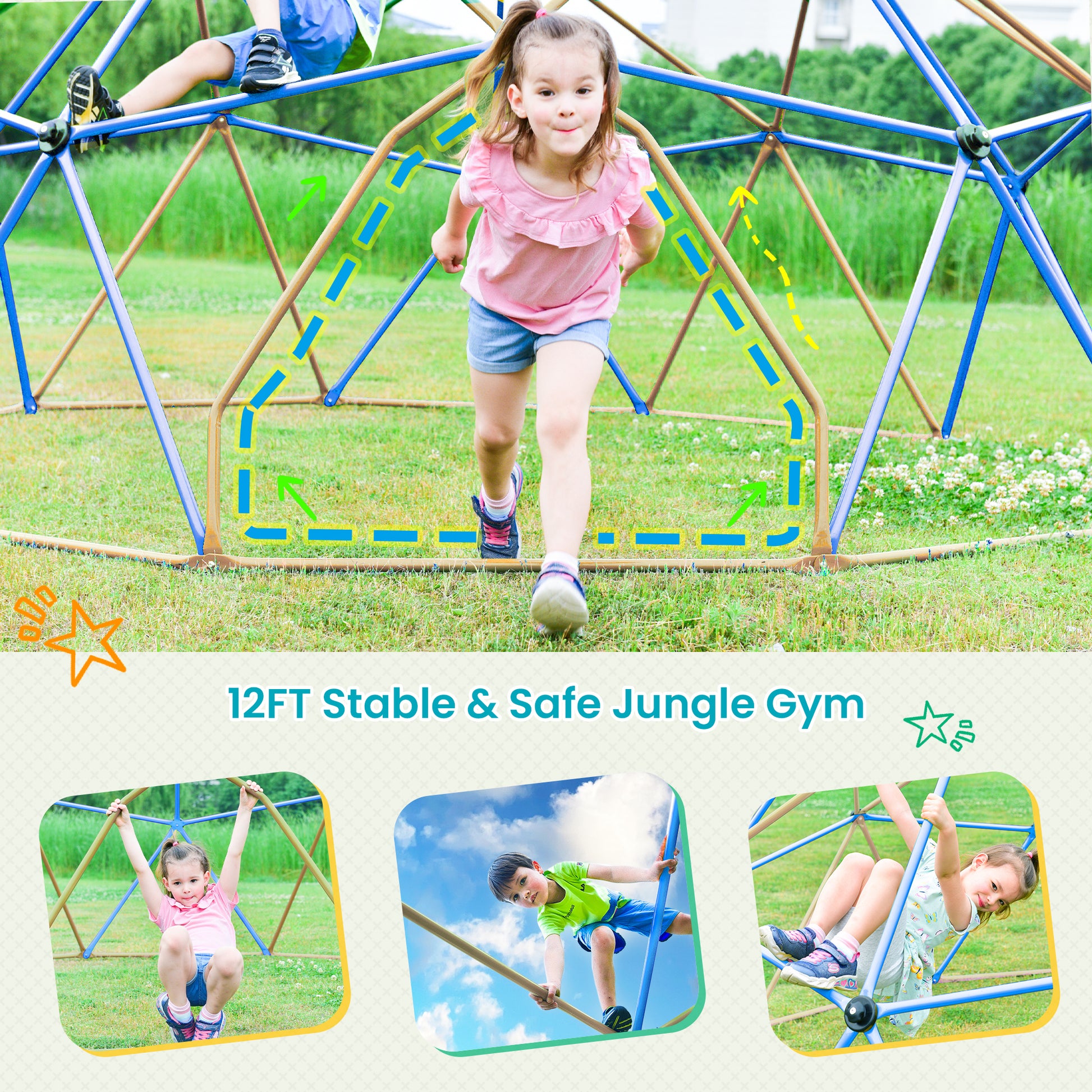 Kids Climbing Dome Tower 12 Ft Jungle Gym Geometric Playground Dome Climber Monkey Bars Play Center, Rust & Uv Resistant Steel Supporting 1000 Lbs Coffee Metal