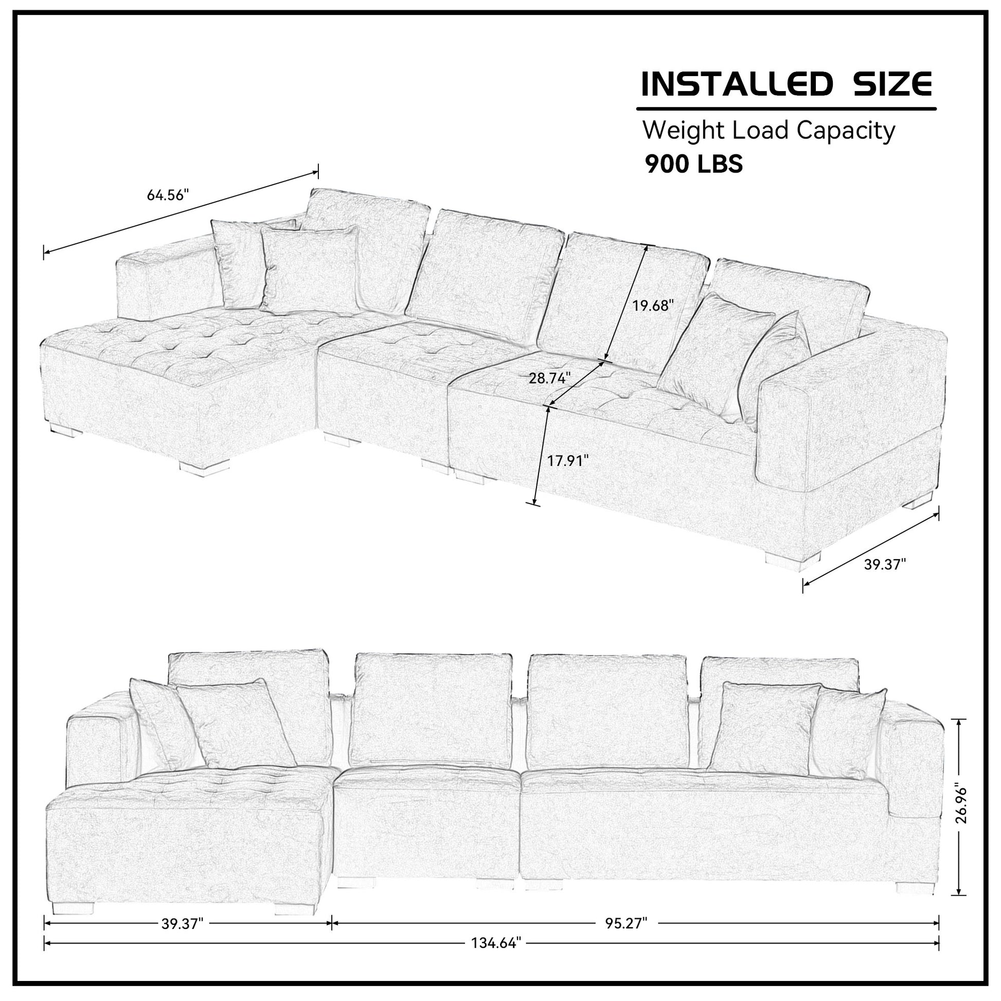 134'' Mid Century Modern Sofa With Left Chaise For Living Room Sofa, Blue Blue Fabric