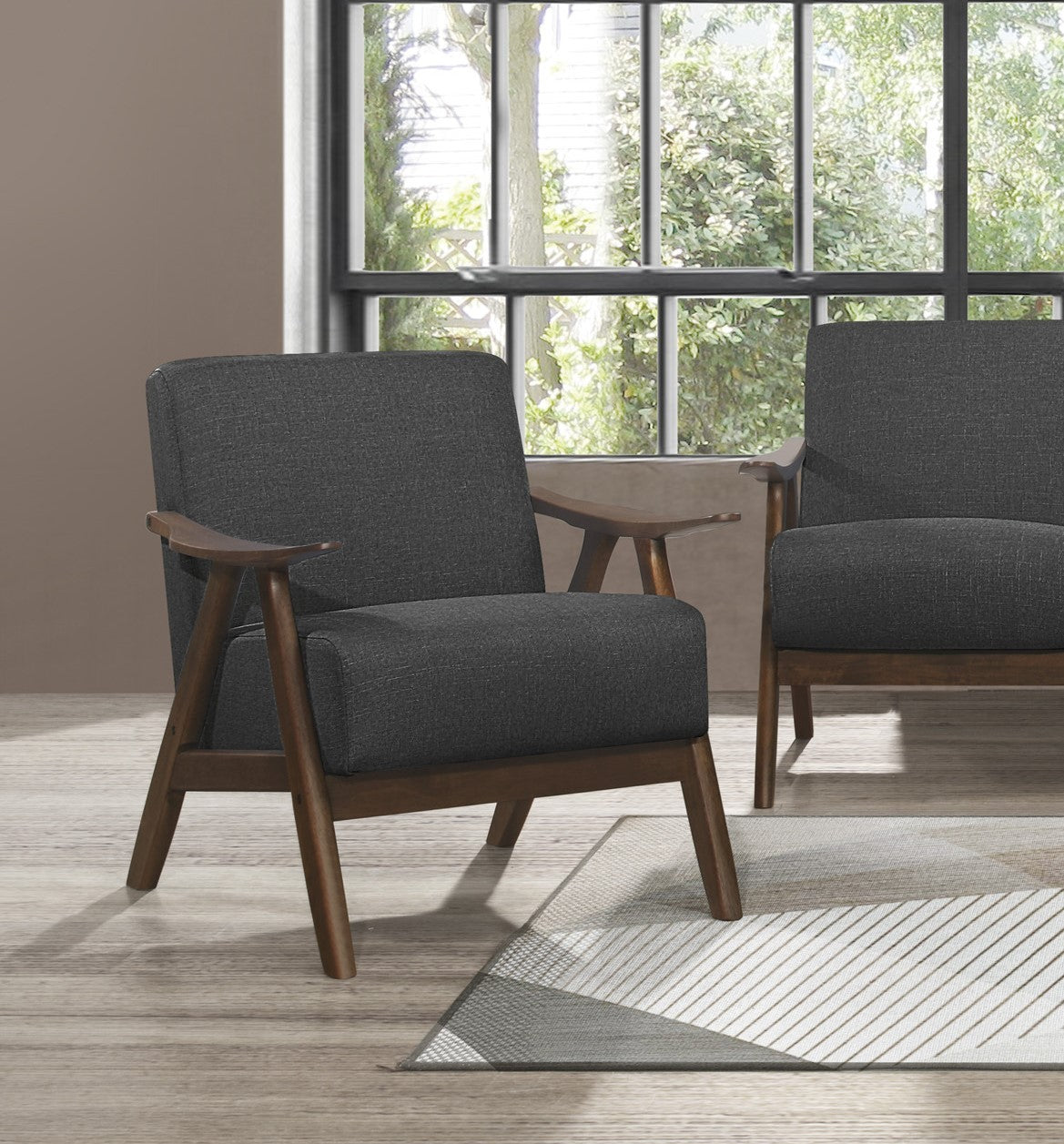 Modern Home Furniture Dark Gray Fabric Upholstered 1Pc Accent Chair Cushion Back And Seat Walnut Finish Solid Rubber Wood Furniture Dark Gray Primary Living Space Retro Solid Wood