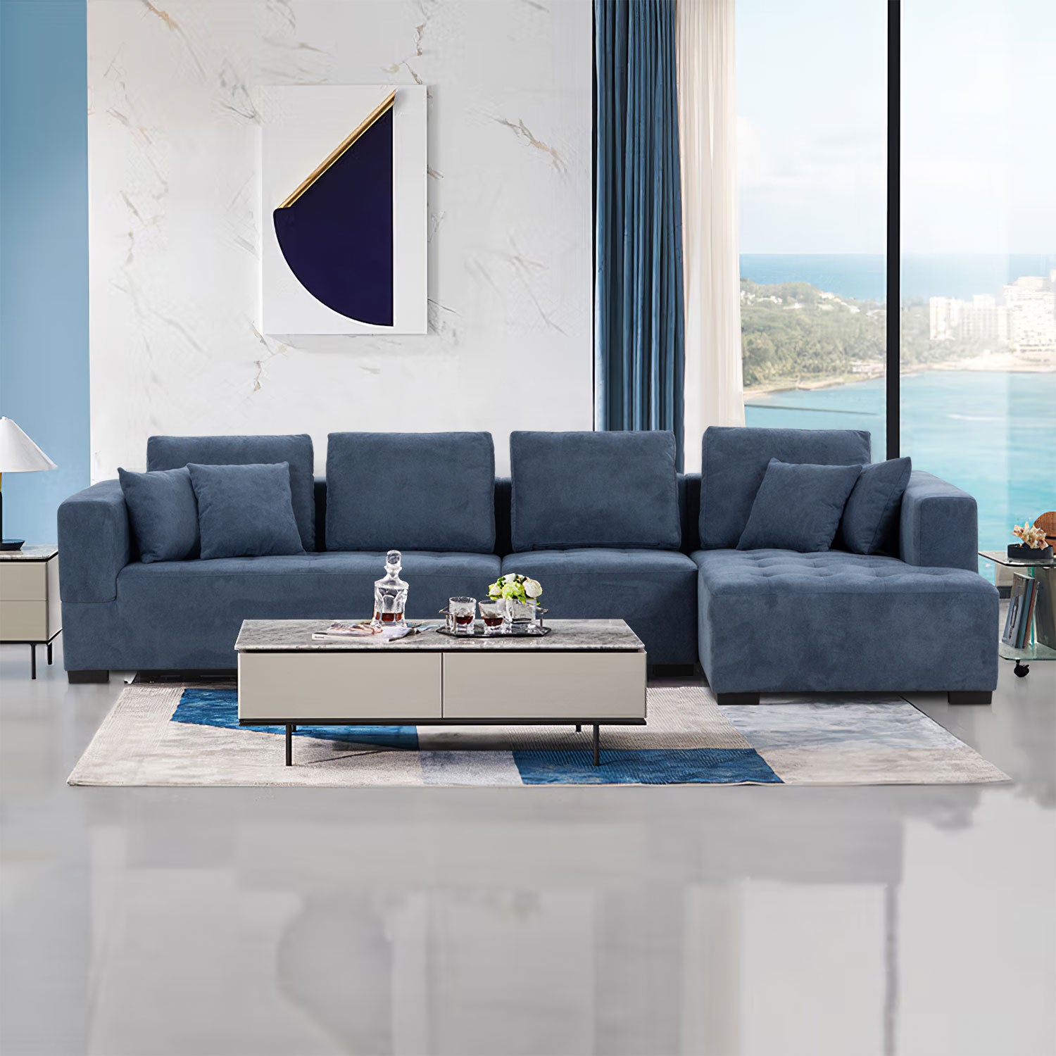 134'' Mid Century Modern Sofa With Right Chaise For Living Room Sofa, Blue Blue Fabric