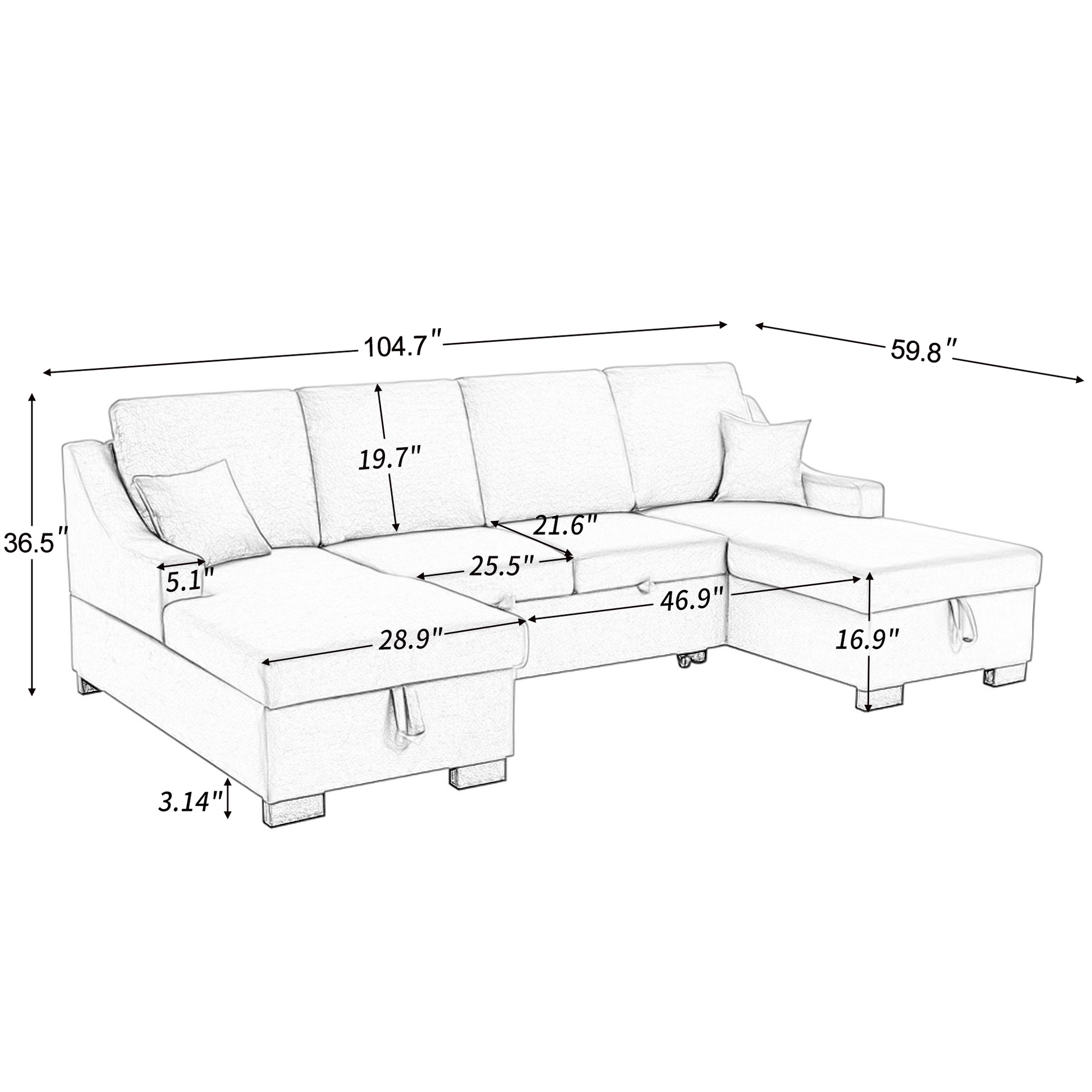 Upholstery Sleeper Sectional Sofa With Double Storage Spaces, 2 Tossing Cushions, Grey Grey Linen