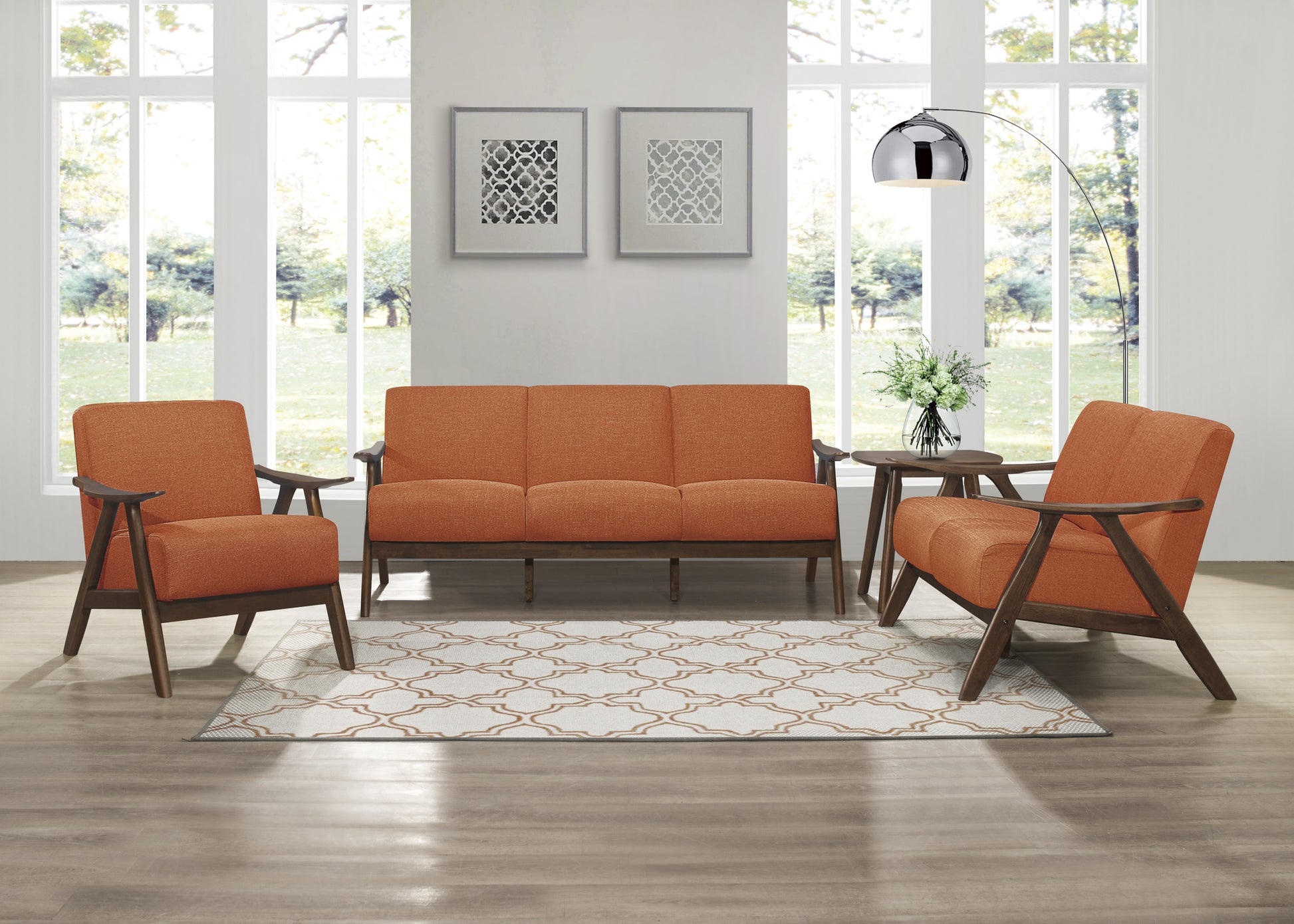 Modern Home Furniture Orange Color Fabric Upholstered 1Pc Accent Chair Cushion Back And Seat Walnut Finish Solid Rubber Wood Furniture Orange Primary Living Space Retro Solid Wood