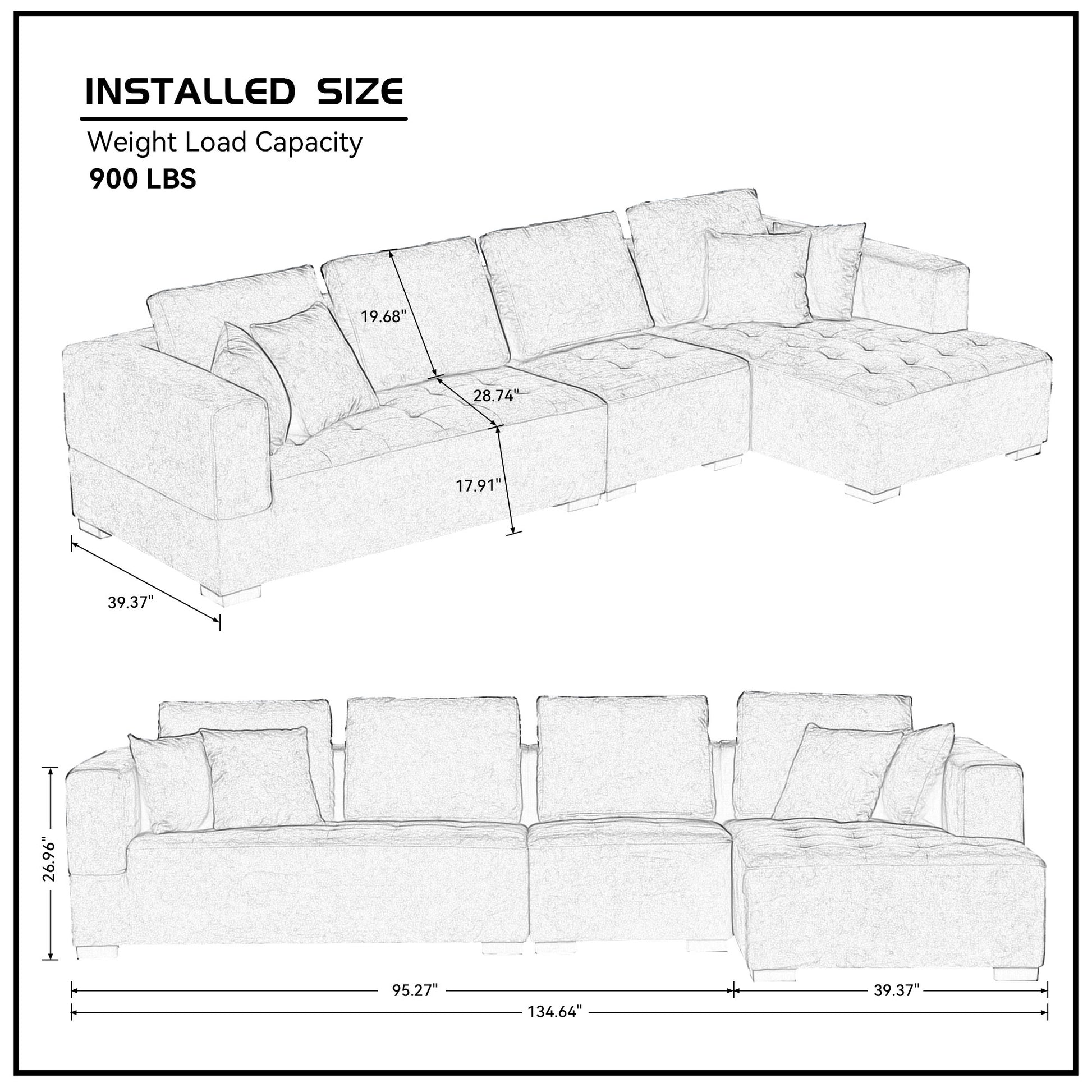 134'' Mid Century Modern Sofa With Right Chaise For Living Room Sofa, Blue Blue Fabric