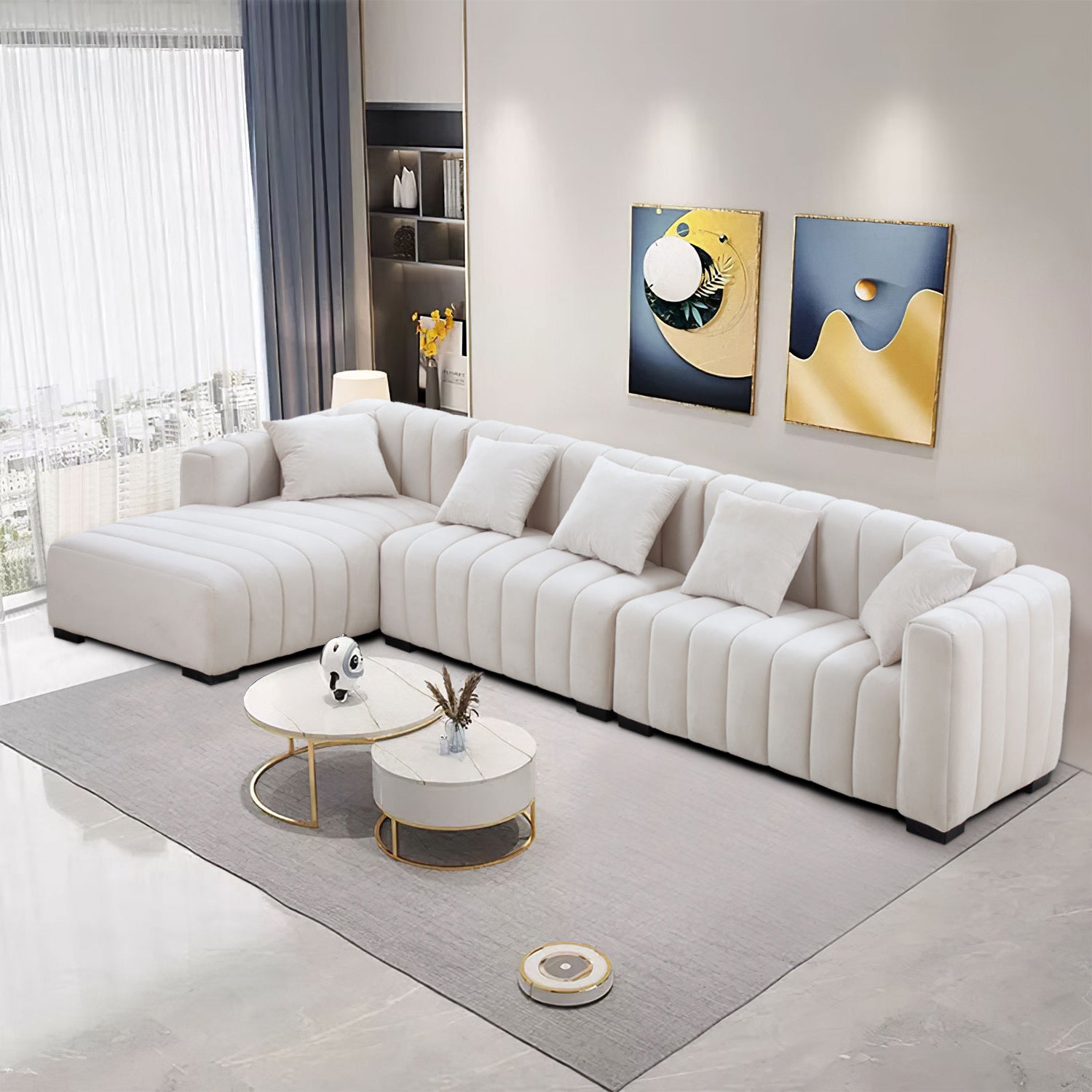 139'' Channel Tufted Sofa Velvet Upholstered Left Chaise Modular Sofa Beige Beige Velvet